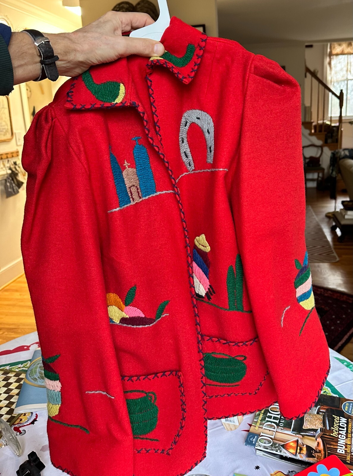 Vintage Mexican Embroidered Souvenir Open Blazer Jacket 1950s Red Wool Felt Sm