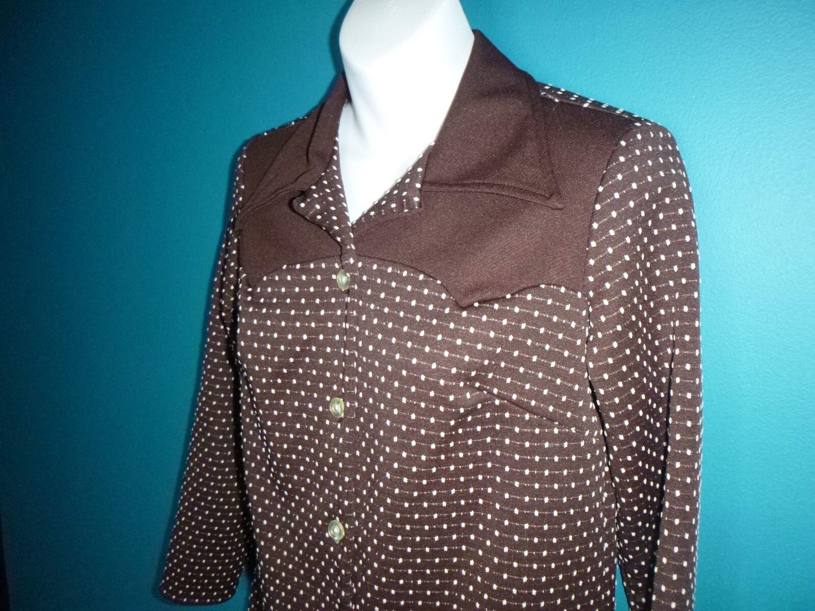 Vtg 60s 70s MOD Polyester Knit Shirt Jacket Brown White Dots Big Collar Sz S/M