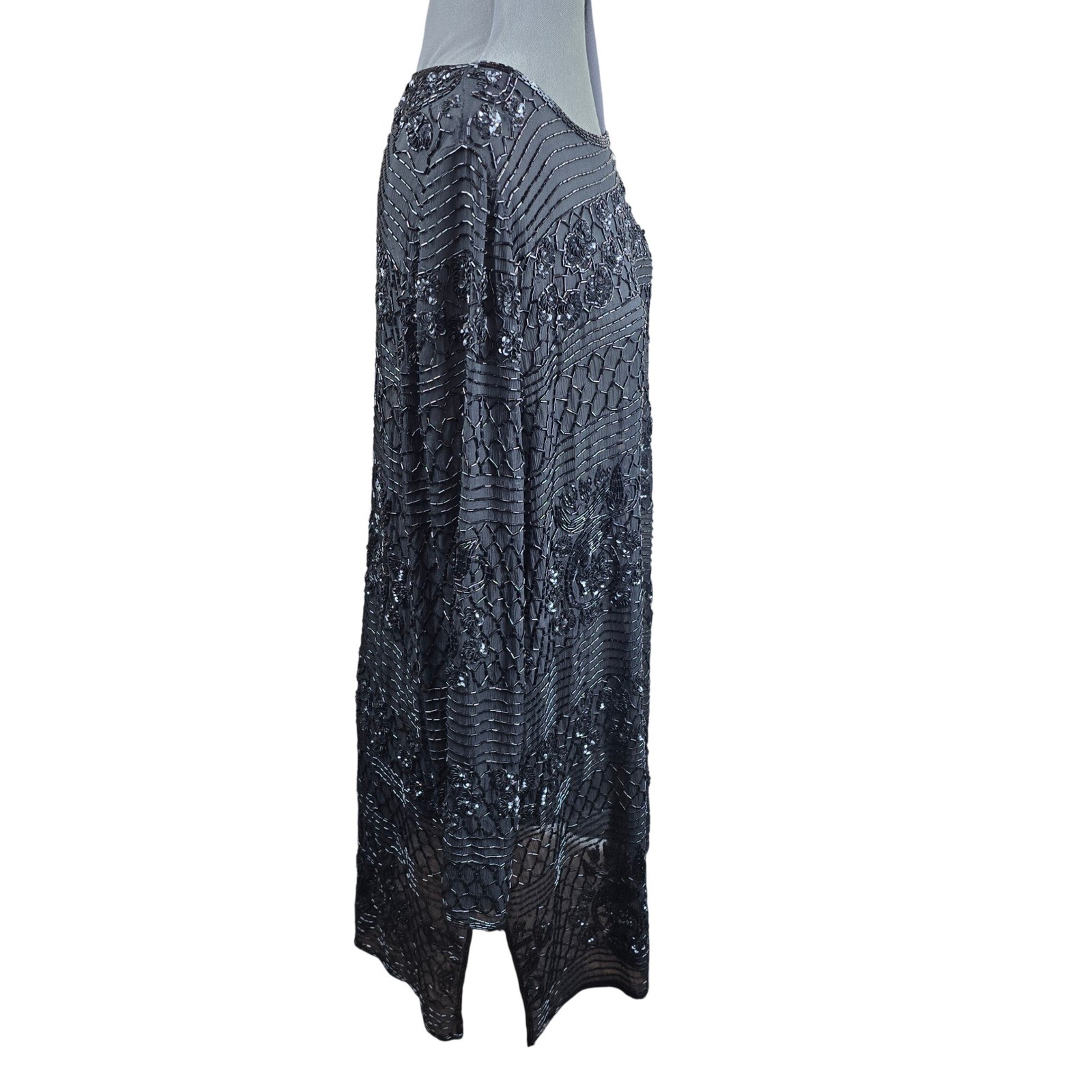 Vintage Adrianna Papell Evening Silk Beaded Sequined Top Tunic Sheer Black XL
