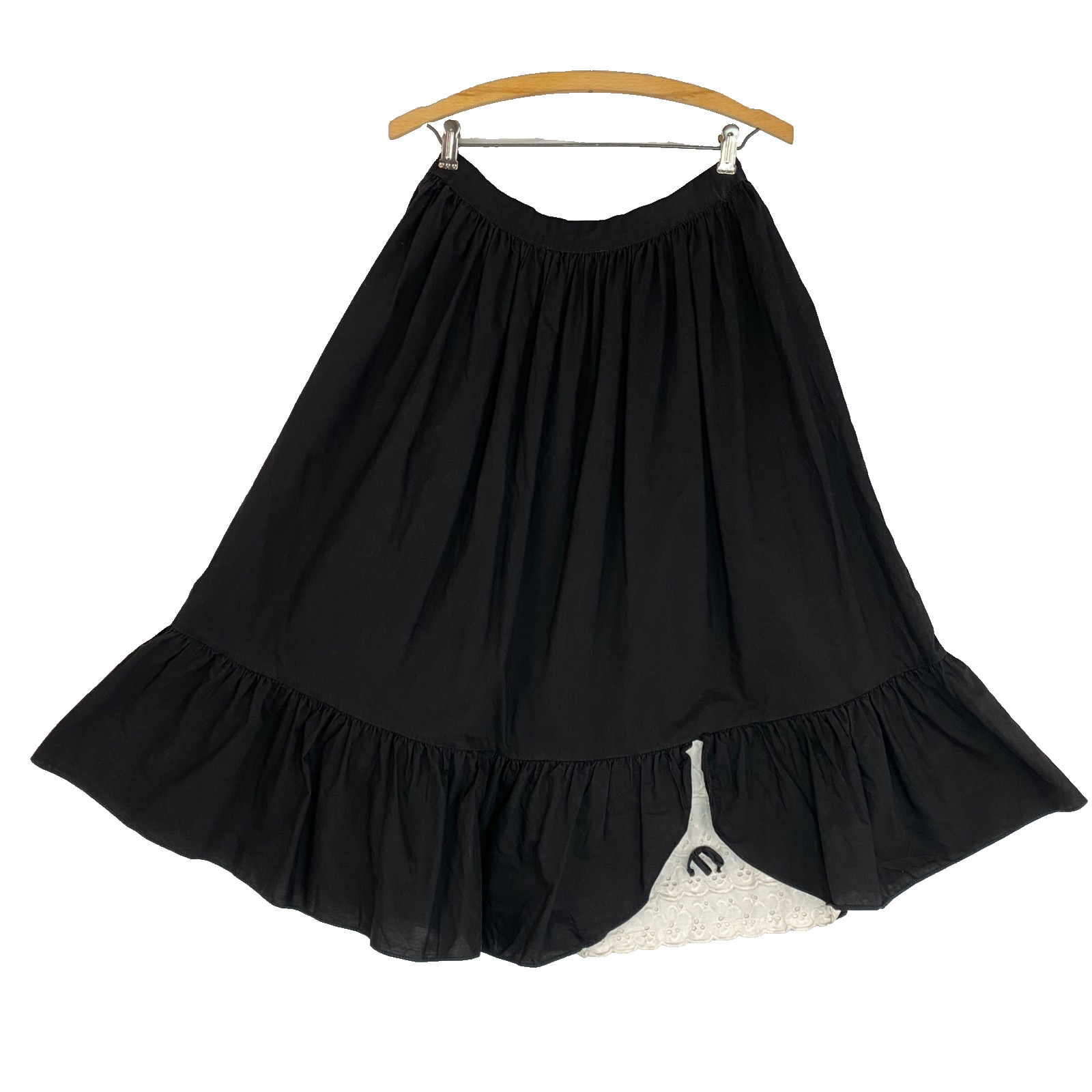 Vintage 1950s black cotton midi skirt M white ruffle lace boho below knee