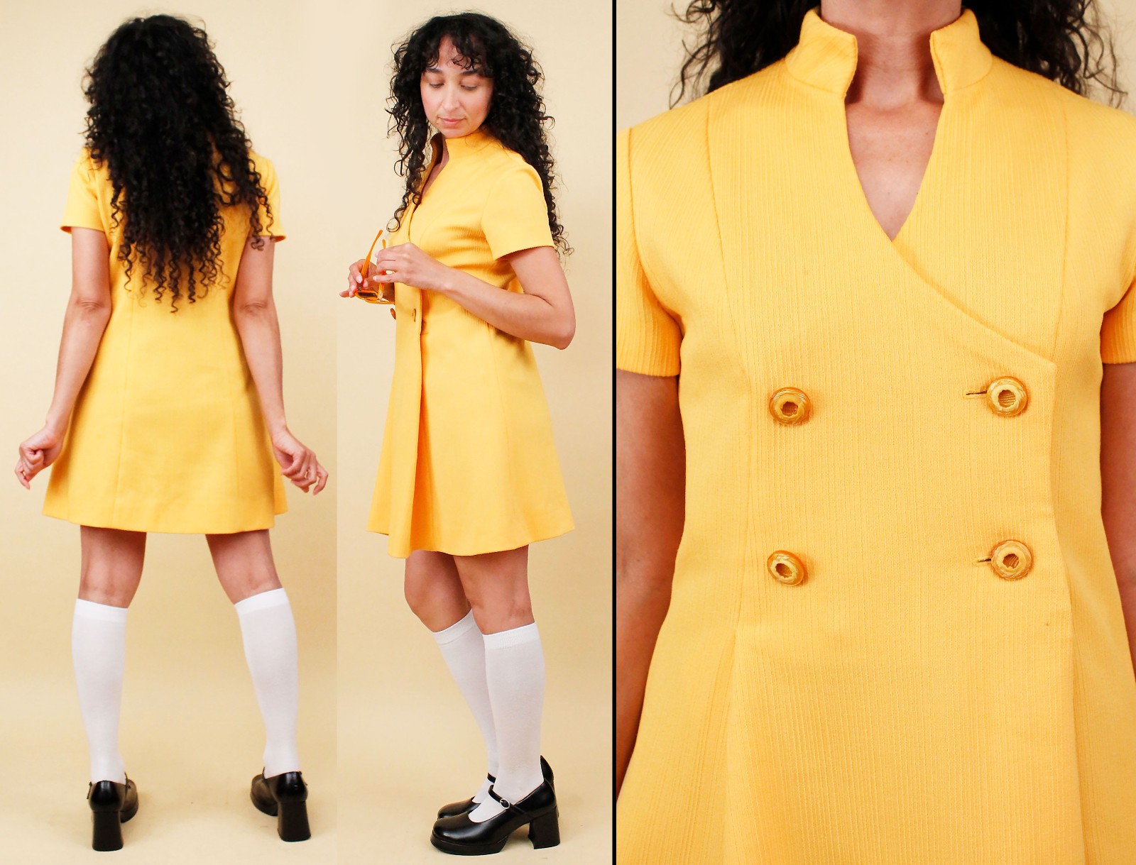 60s Vtg Saffron Yellow Mini Dress Scooter Mod Baby Doll Polyester S B34-36