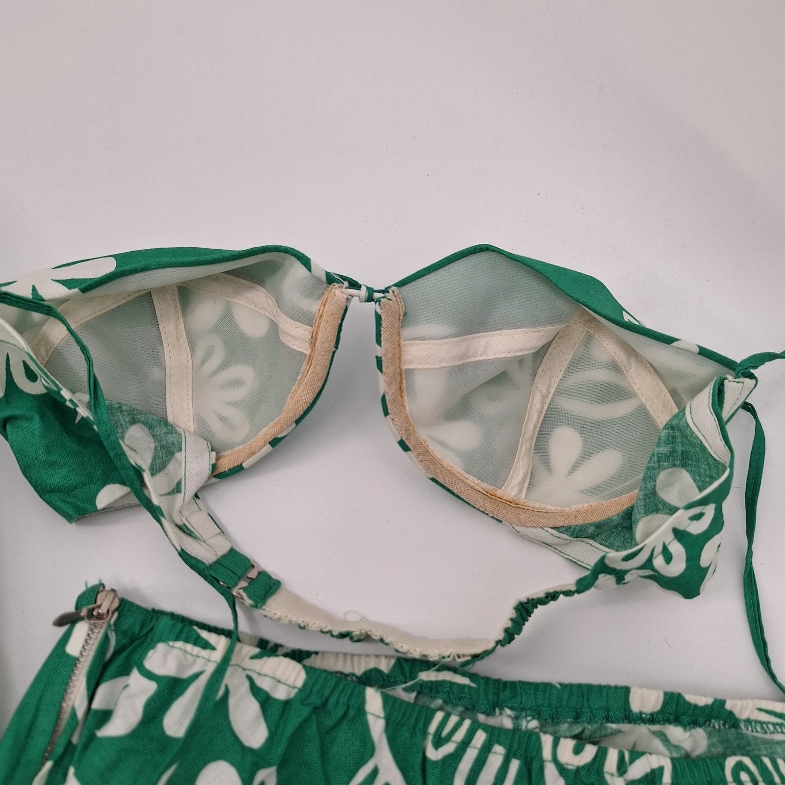 Vtg Green Bikini Retro 3 Pc Set Bathing Suit Mid Century Swimsuit Tropical