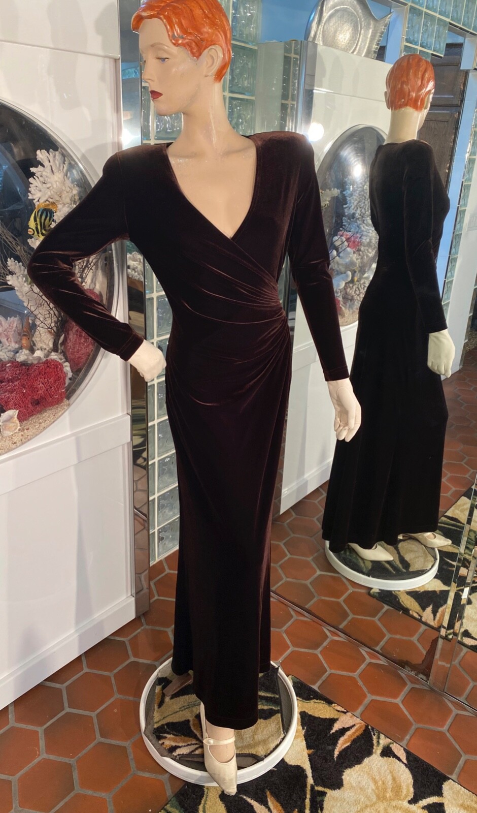 Tadashi Velour Ruched Long Sleeve Maxi Gown Form to figure Brown Sexy Size S