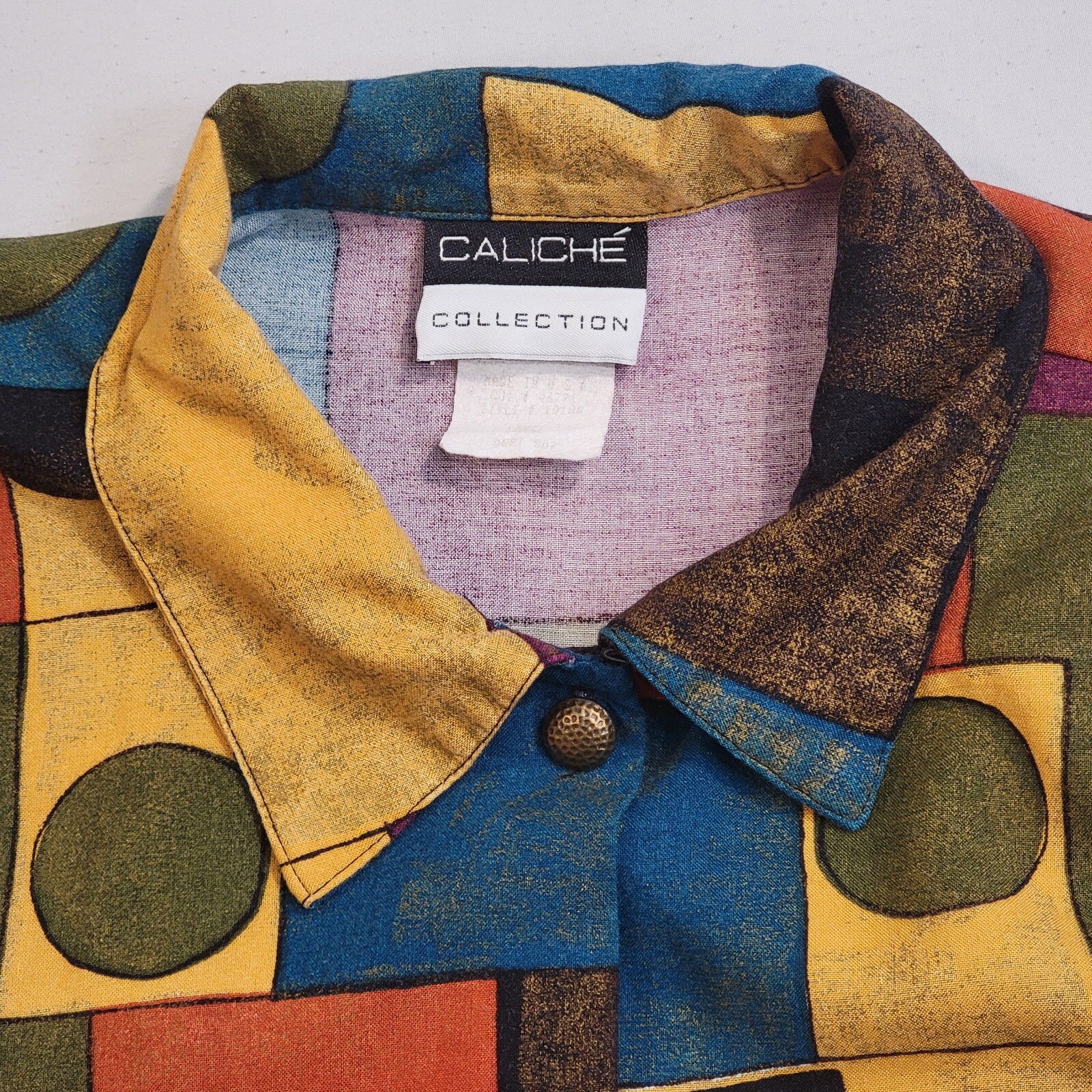 Vintage Caliche Collection Button Shirt Sz Large Blouse Art Cubism Short Sleeve