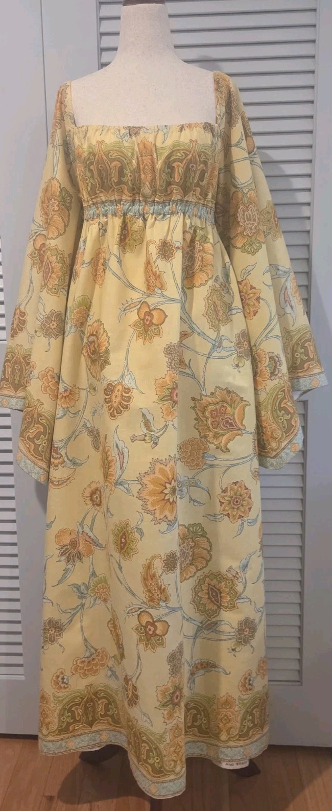 70s Vintage Maxi Dress Angel Sleeves Bloomcraft Du Pont Zepel Fabrics Handmade