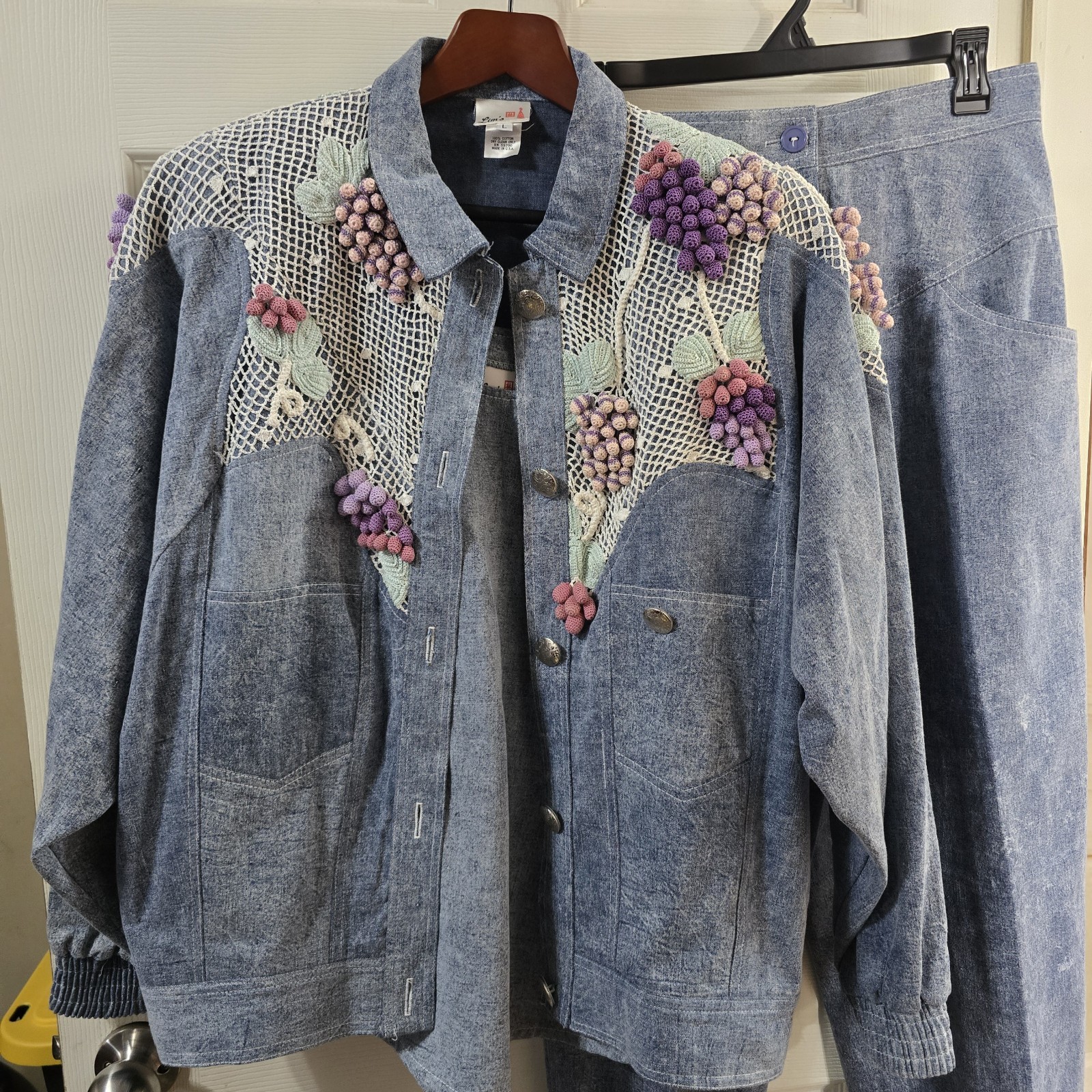 Vintage Lim’s 3 Piece Denim Grape Appliqué Set USA Made Size Large Grandmacore