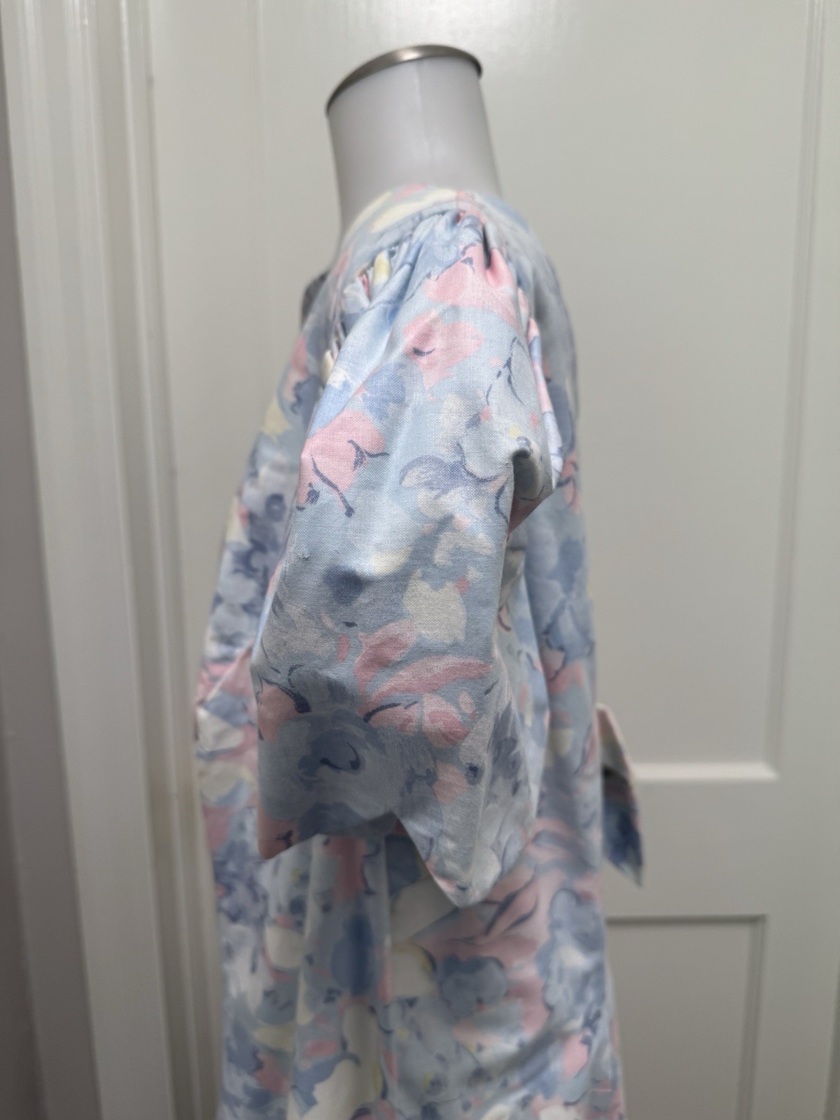Vintage ILGWU Cotton Floral Dress Pastel Puff Sleeve V-Back Bows Drop Waist