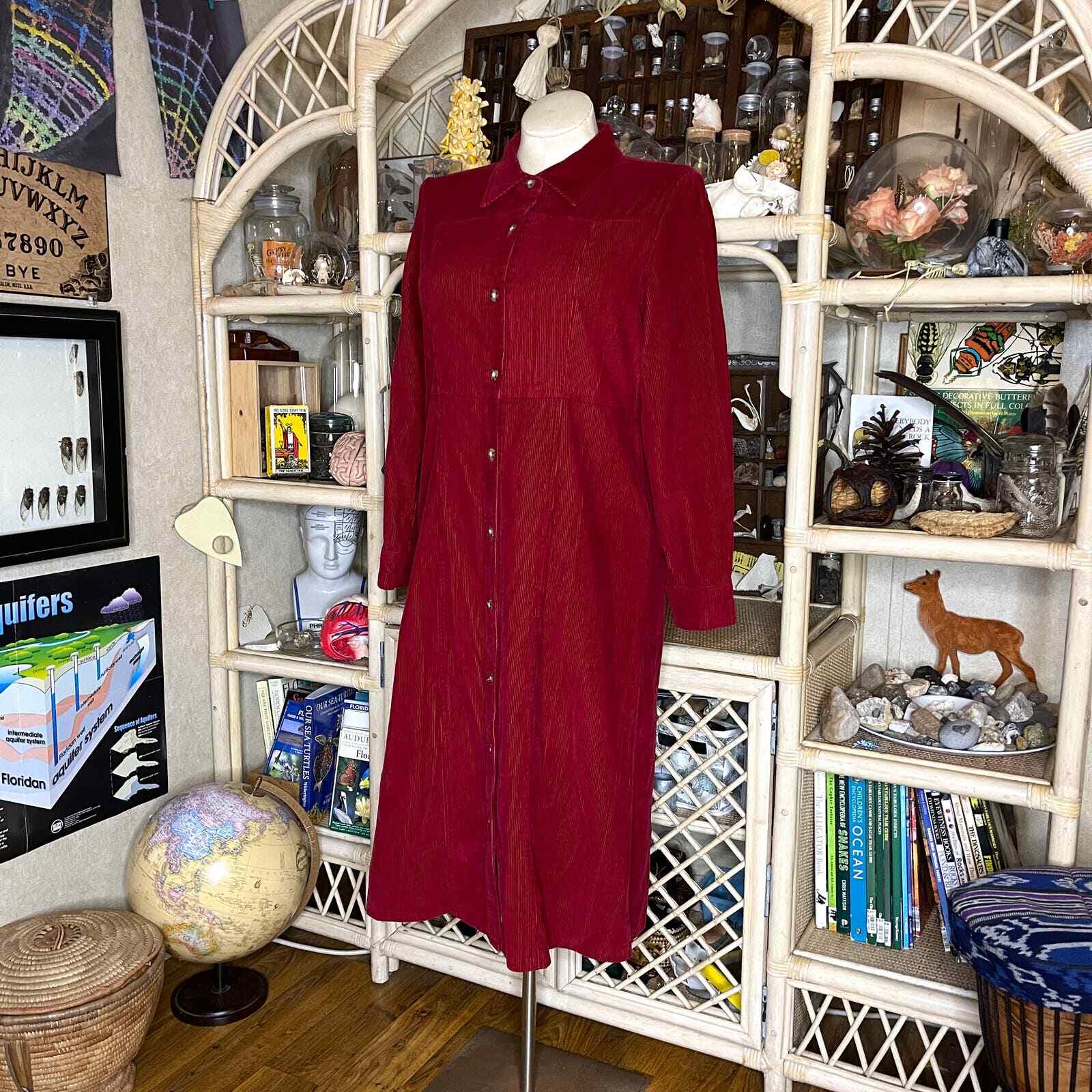 Vintage 90s Red Corduroy Dress Long Sleeves Button Front Midi Chelsea Studio 14P