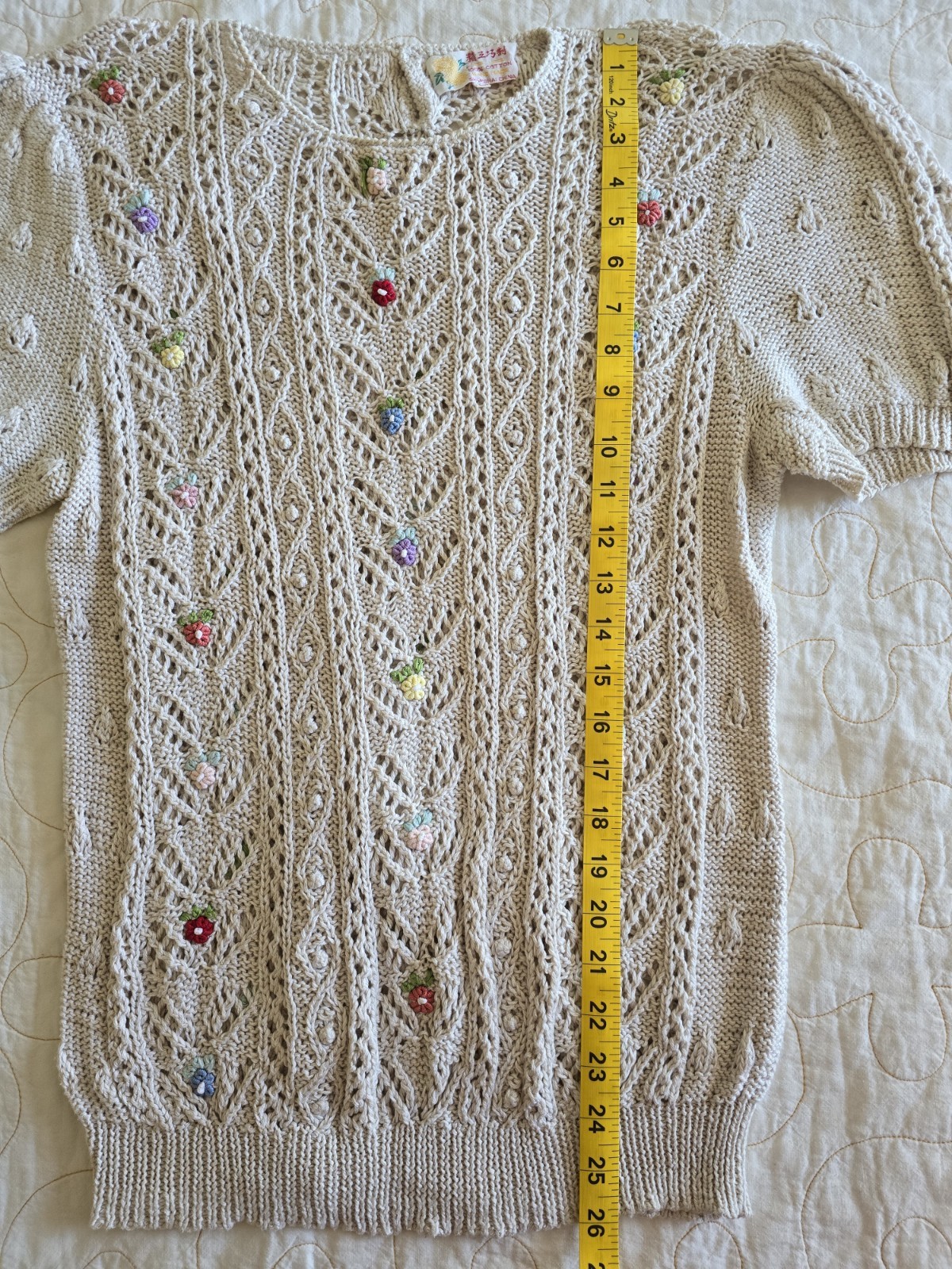 Vintage 60s Floral Knit Short Sleeve Sweater Womens Large Cottagecore Cream