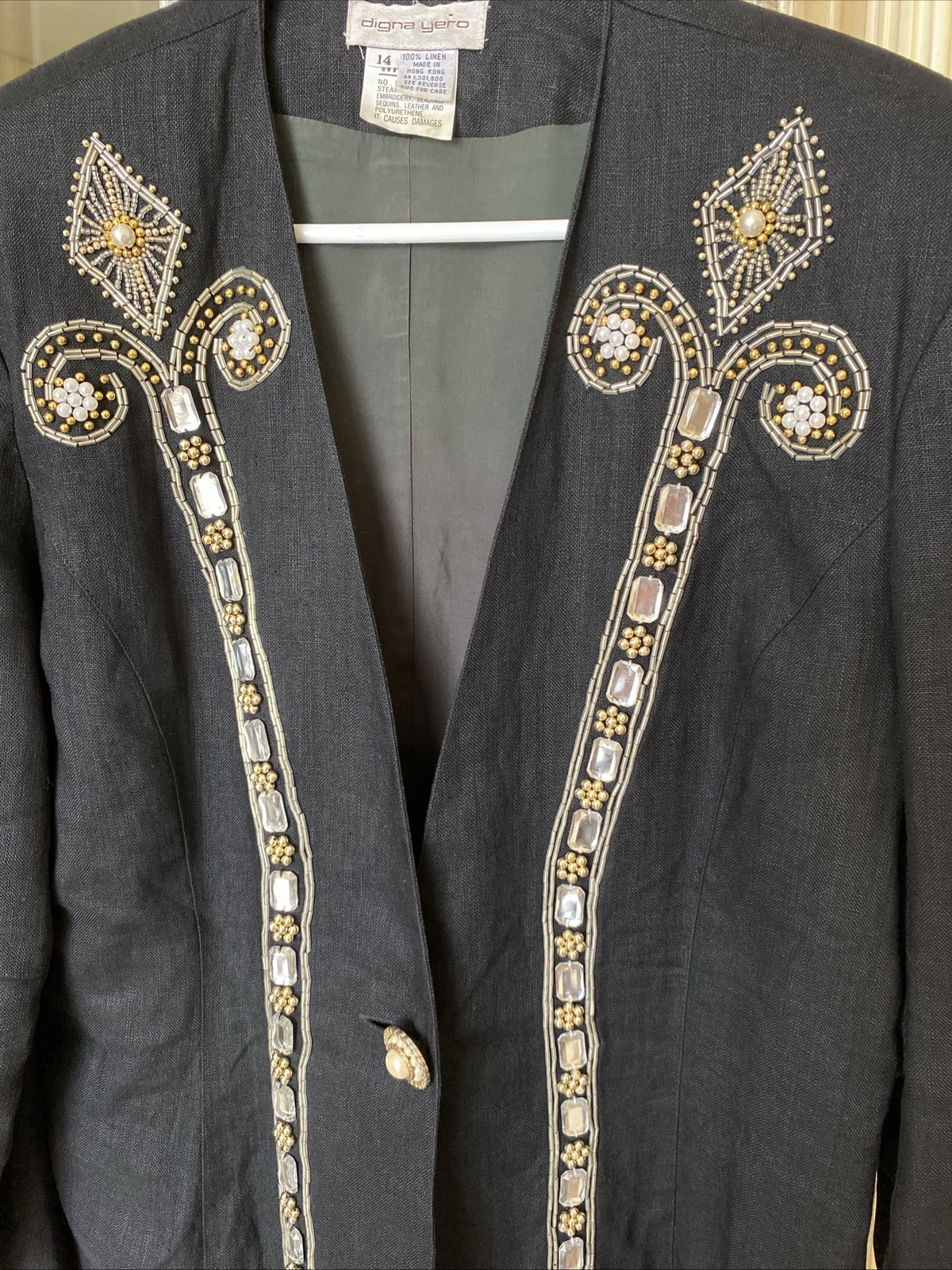 vintage Digna Yero Linen Black Embellished Stones Jacket SZ 14 Hong Kong