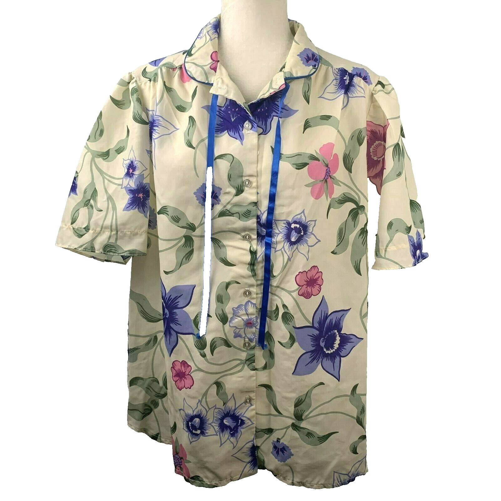 Vintage 70s Blouse Shirt Collared Button Front Womens XL Ivory Blue Pink Floral