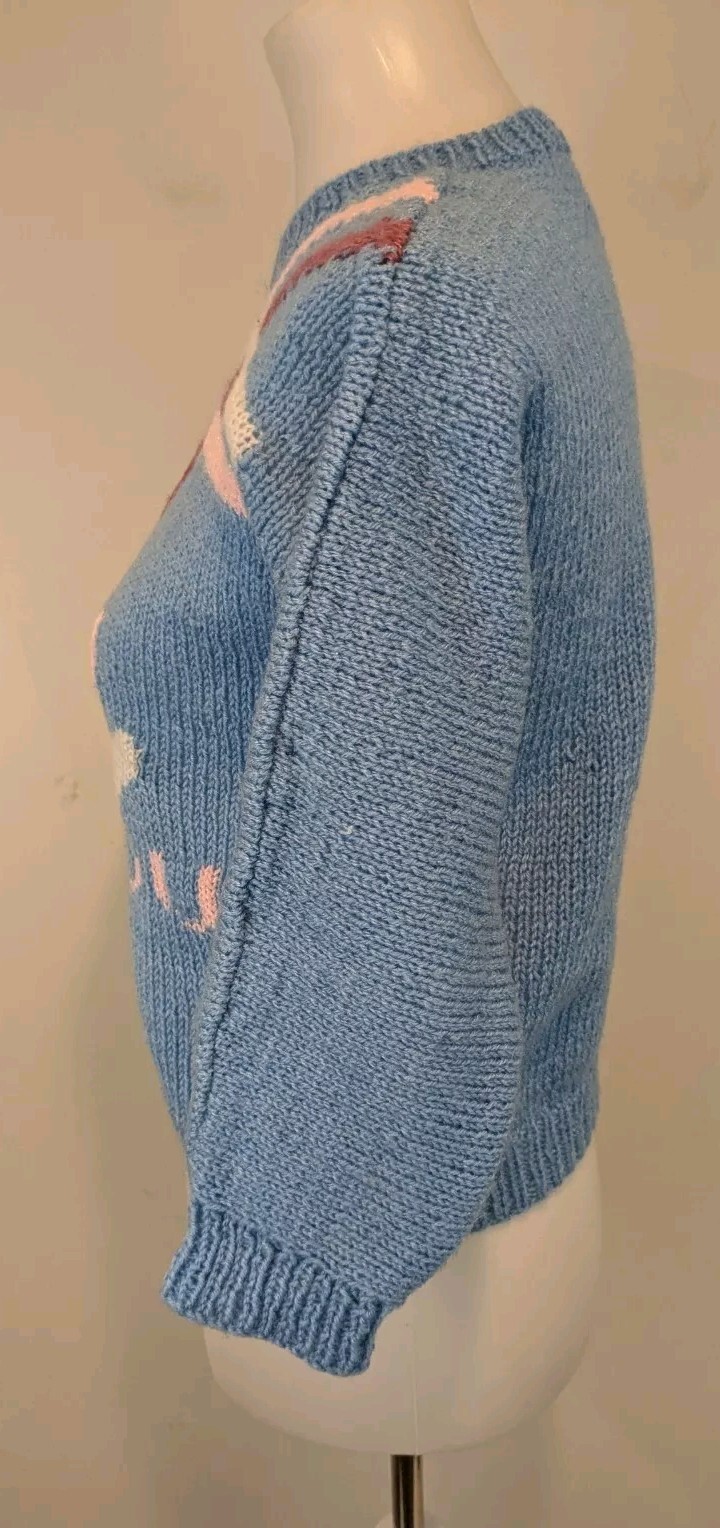 Vtg Handmade Wool Sweater I Love You OOAK Jrs Womens XS S Petite Blue Handknit