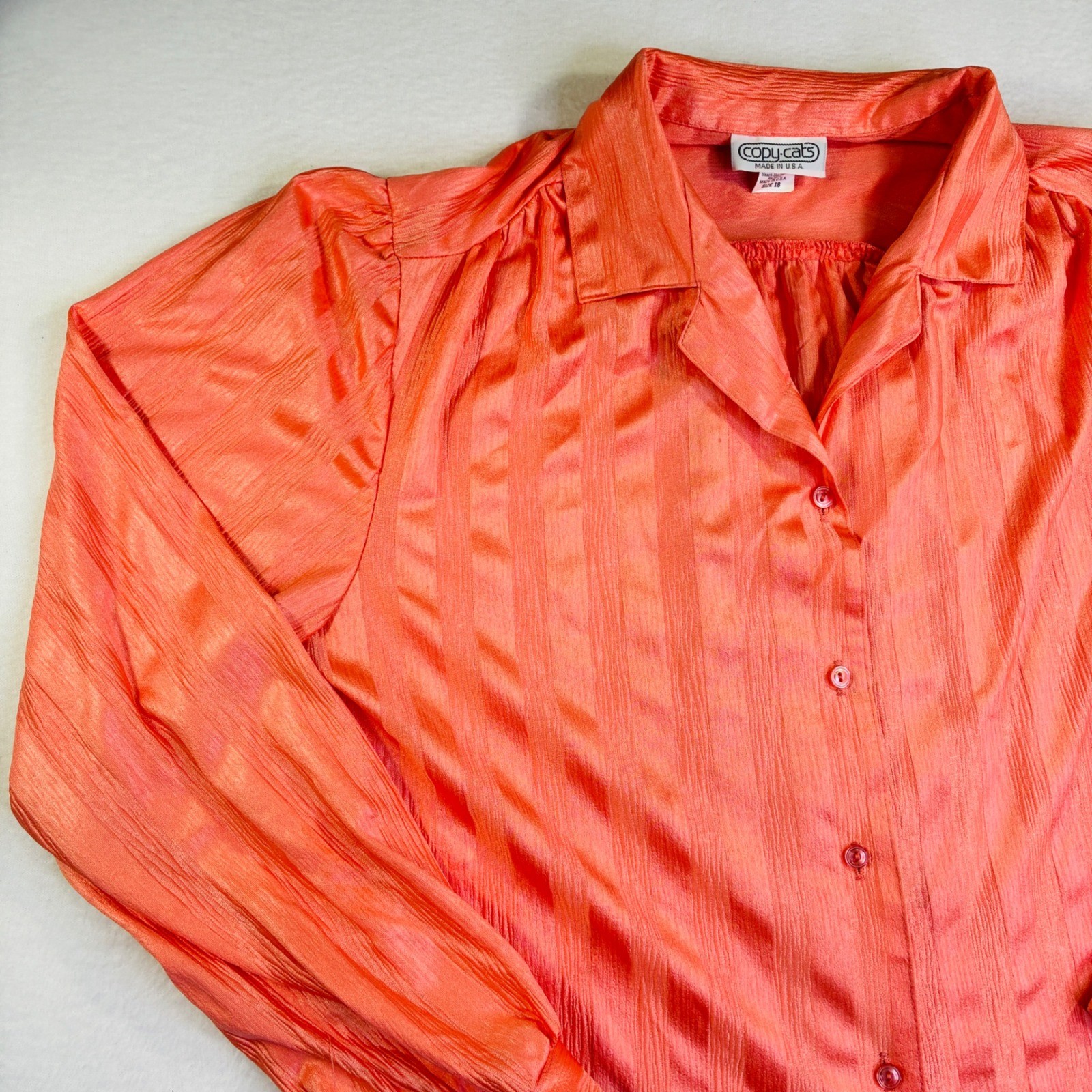 Vintage Copy Cats Coral Orange Striped Button Up Blouse Long Sleeve Size 18 USA