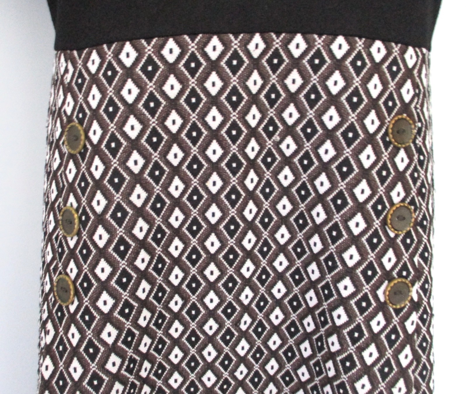Vtg 60s 70s Black Brown Diamond Textured Knit Dress Buttons Drop Pleats XL 2XL