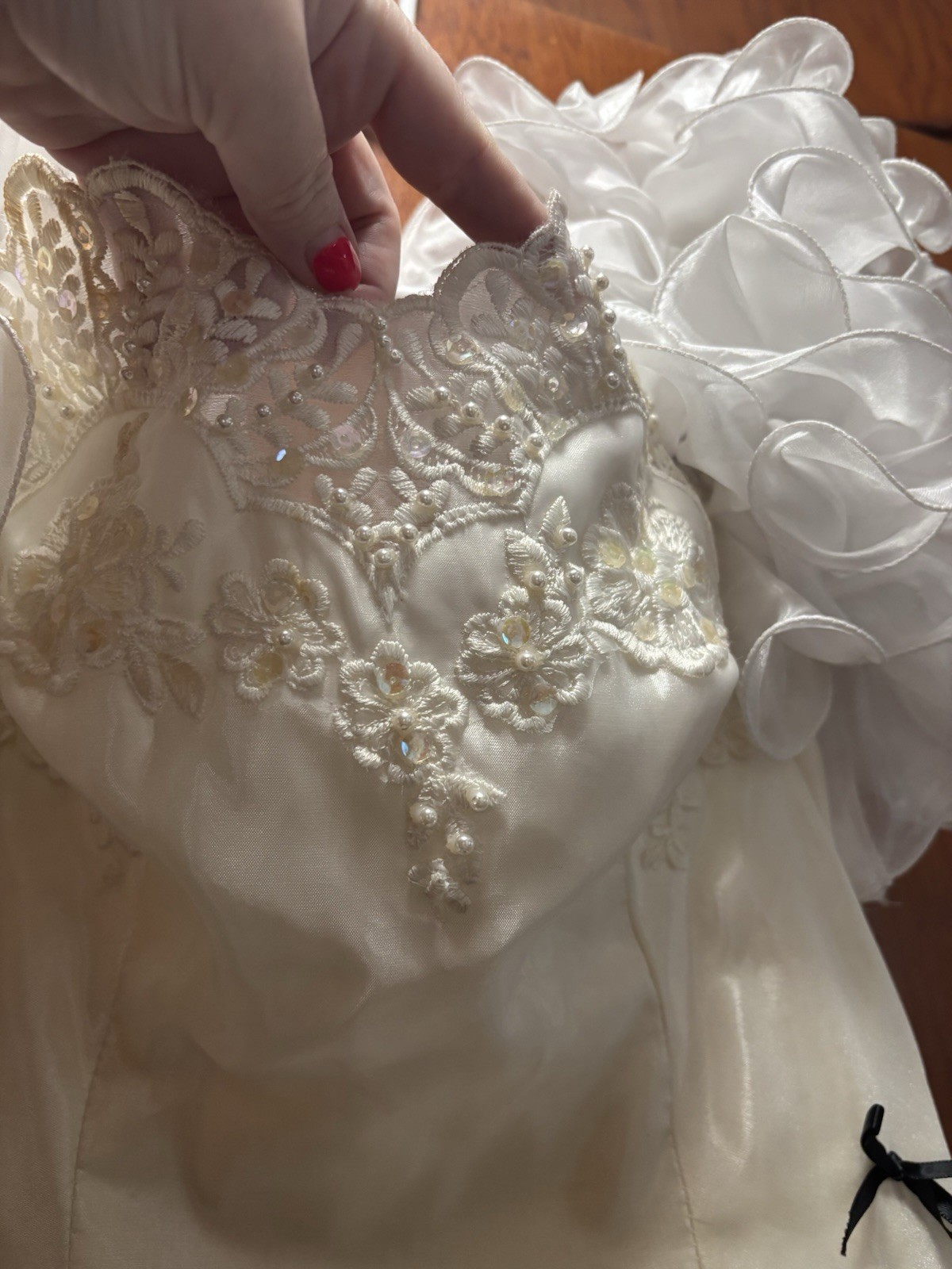 Vintage Size 8 Wedding Gown With Ruffled Sleeves, Tiered Skirt, Black Ribbons