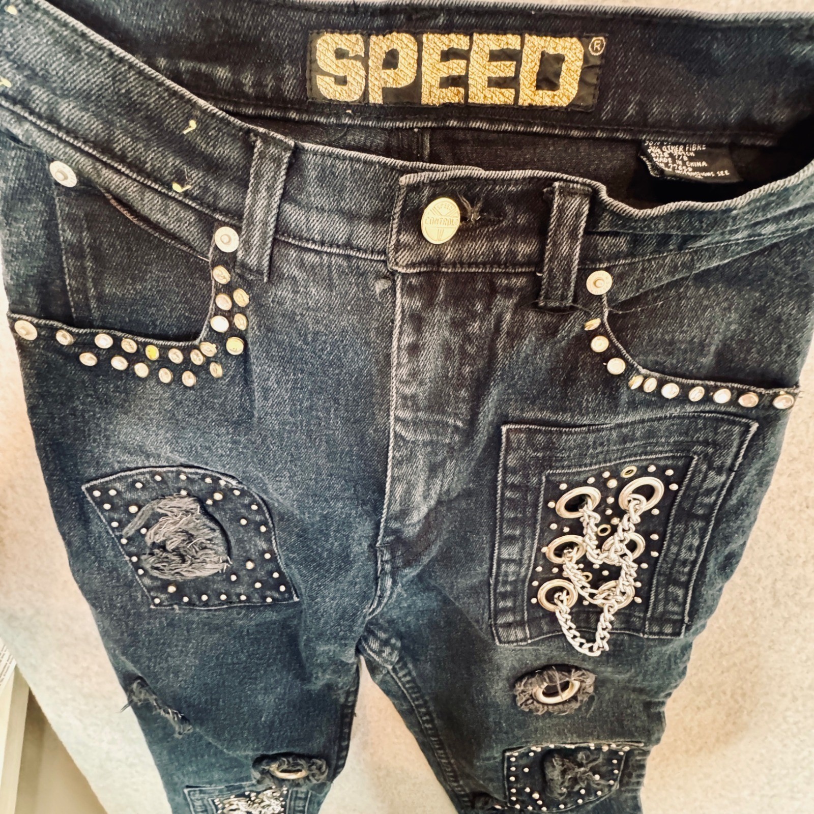 Y2K Embellished Jeans Studded Patched Denim Vintage 90s Speed Grungecore SZ 8