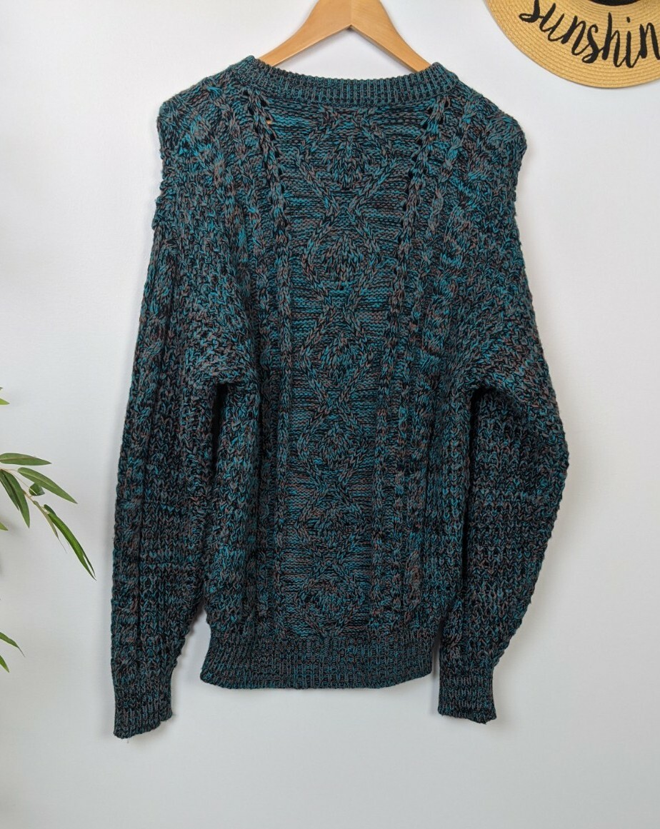 Vintage 80s 90s Chunky Knit Sweater Mens M Womens L Unique Teal Grey Tan