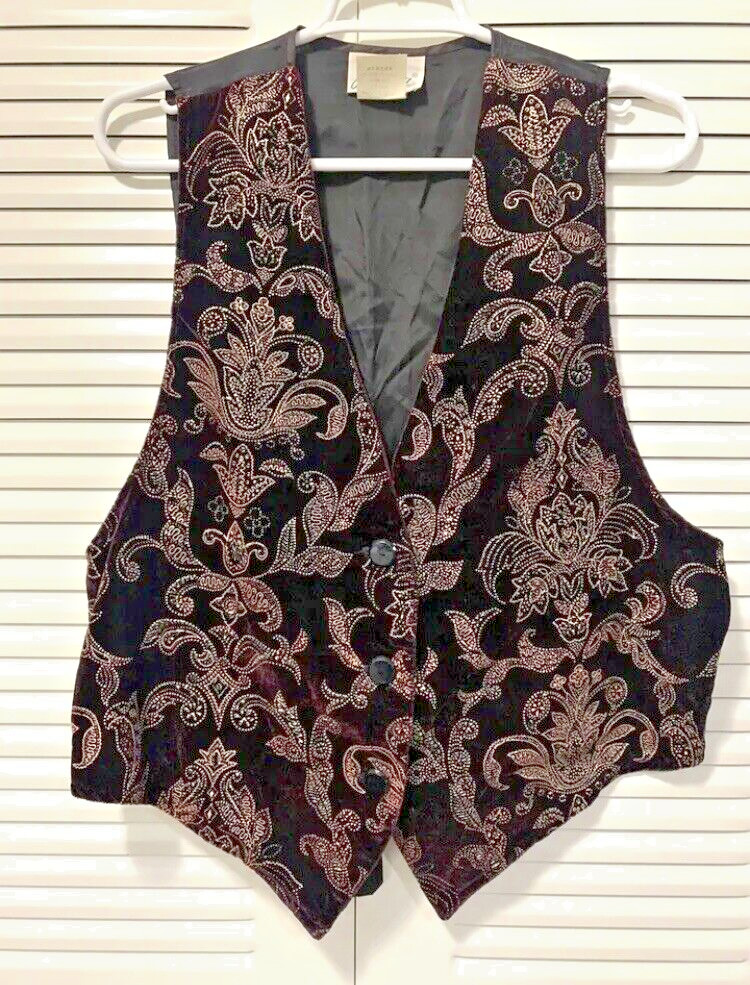 Retro Joanna Burgundy Velvet Like Floral Green & Gold Embellished 90’s Vest Sz M