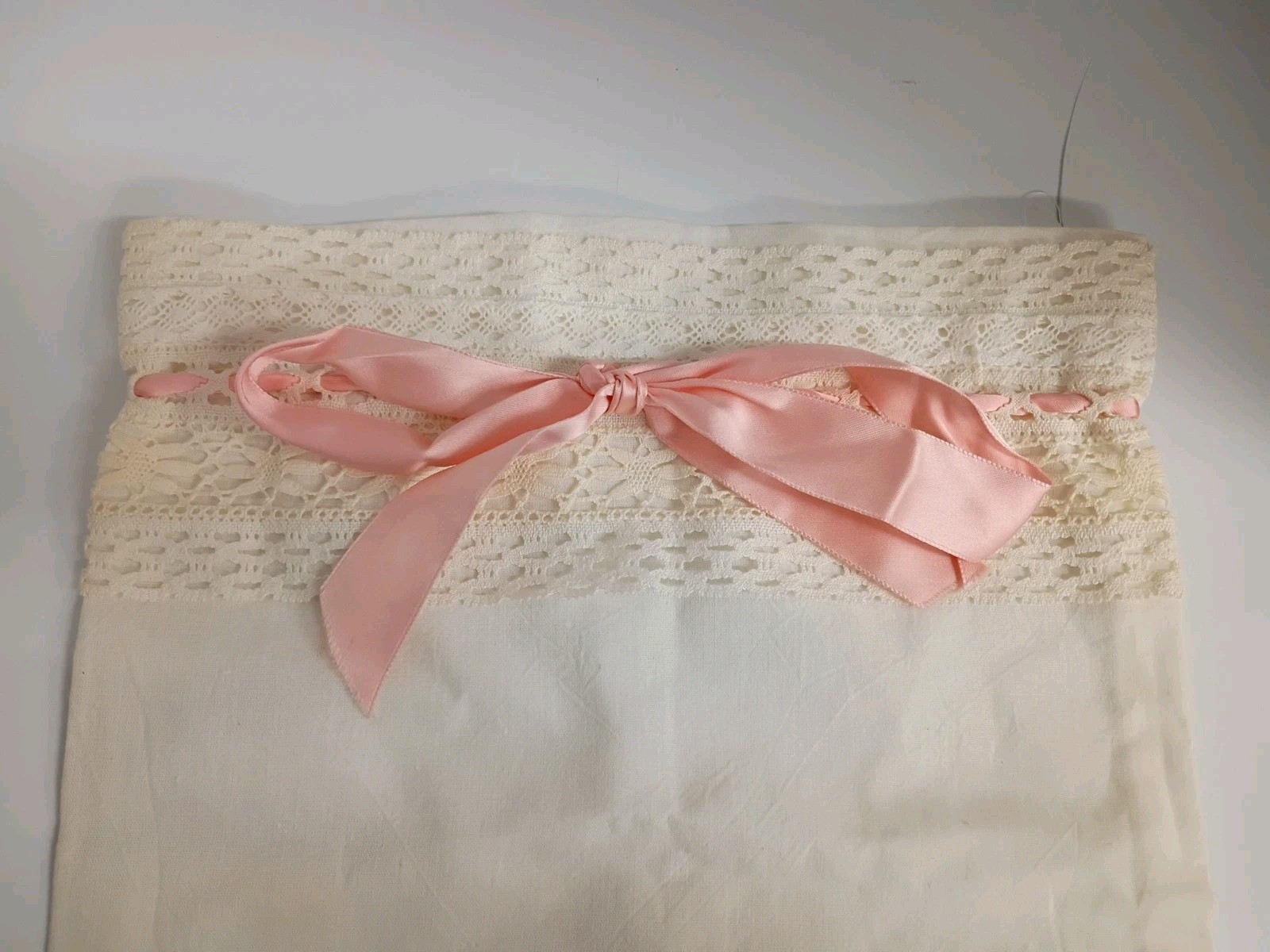Vintage Linen Lace Pink Ribbon Lingerie Handkerchief Delicates Bag 13″ X 11.25″