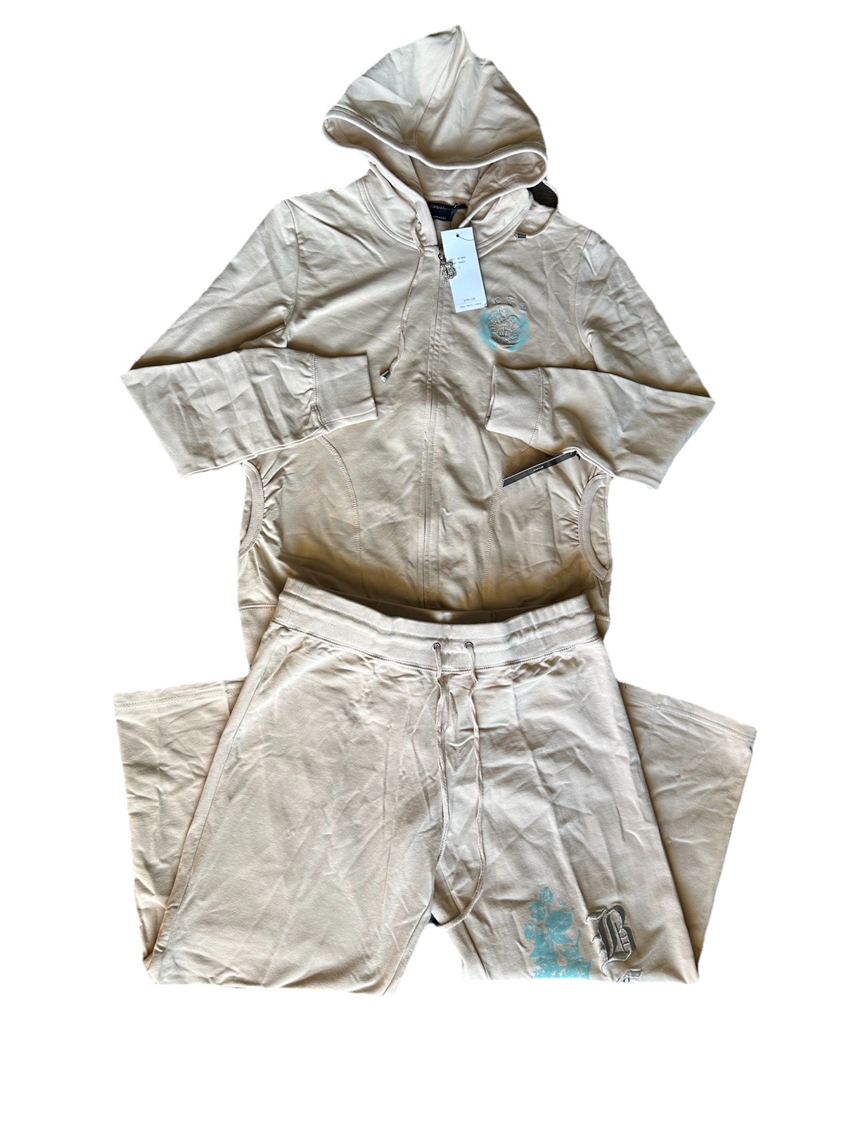 Y2K BCBG Athleisure Set L Beige Hoodie & Capri Pants Logo Embroidery Zip Bling