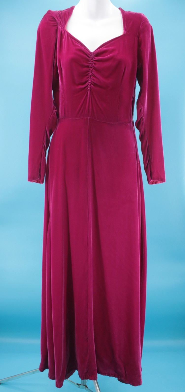 Vtg 30s Dark Fuchsia Velvet Maxi Dress W/ Ruched Bust & Sleeves Sz S 1930s