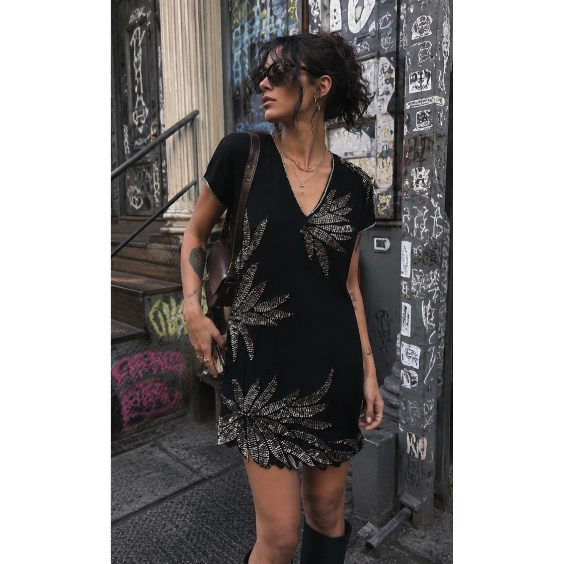 Beyond Vintage Silk Beaded Leaf Mini Dress Black XS Style 347