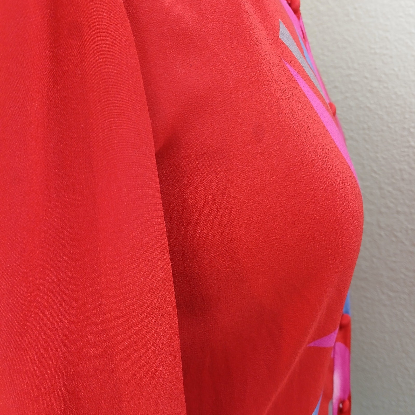 Mary McFadden Vintage 80s Red Silk Blouse 12 stains long sleeve collared buttons