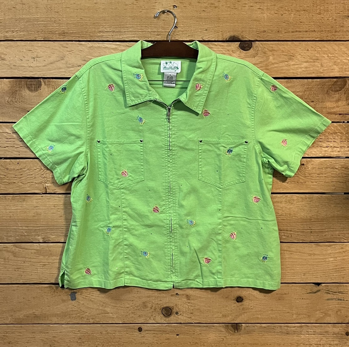1990’s Vintage The Quacker Factory Womens 1x Green Fish Shirt Zip Up Linen