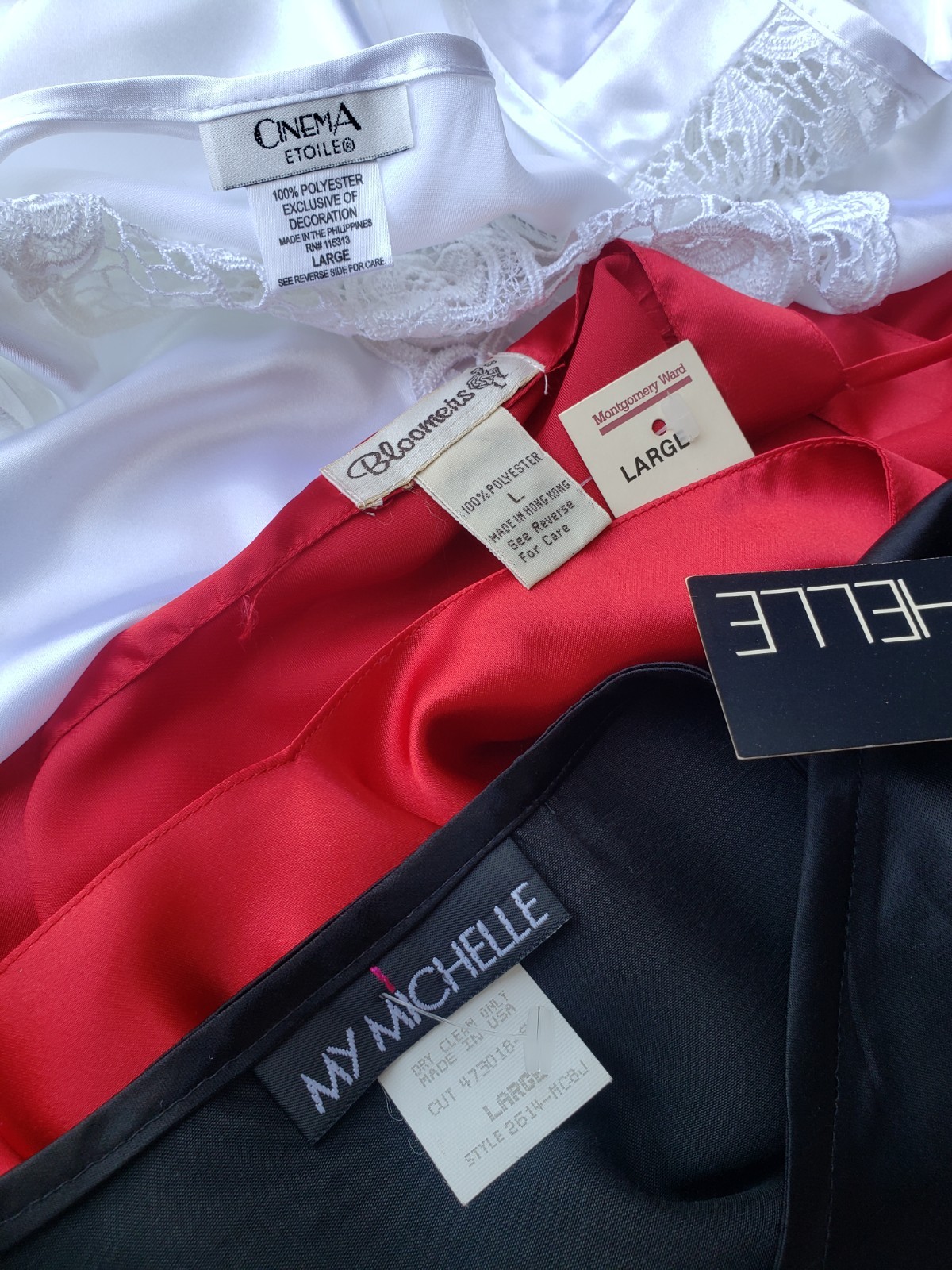 Lot of Three Vintage Satin Camisole Slip Tops Size Large Red White Black NEW