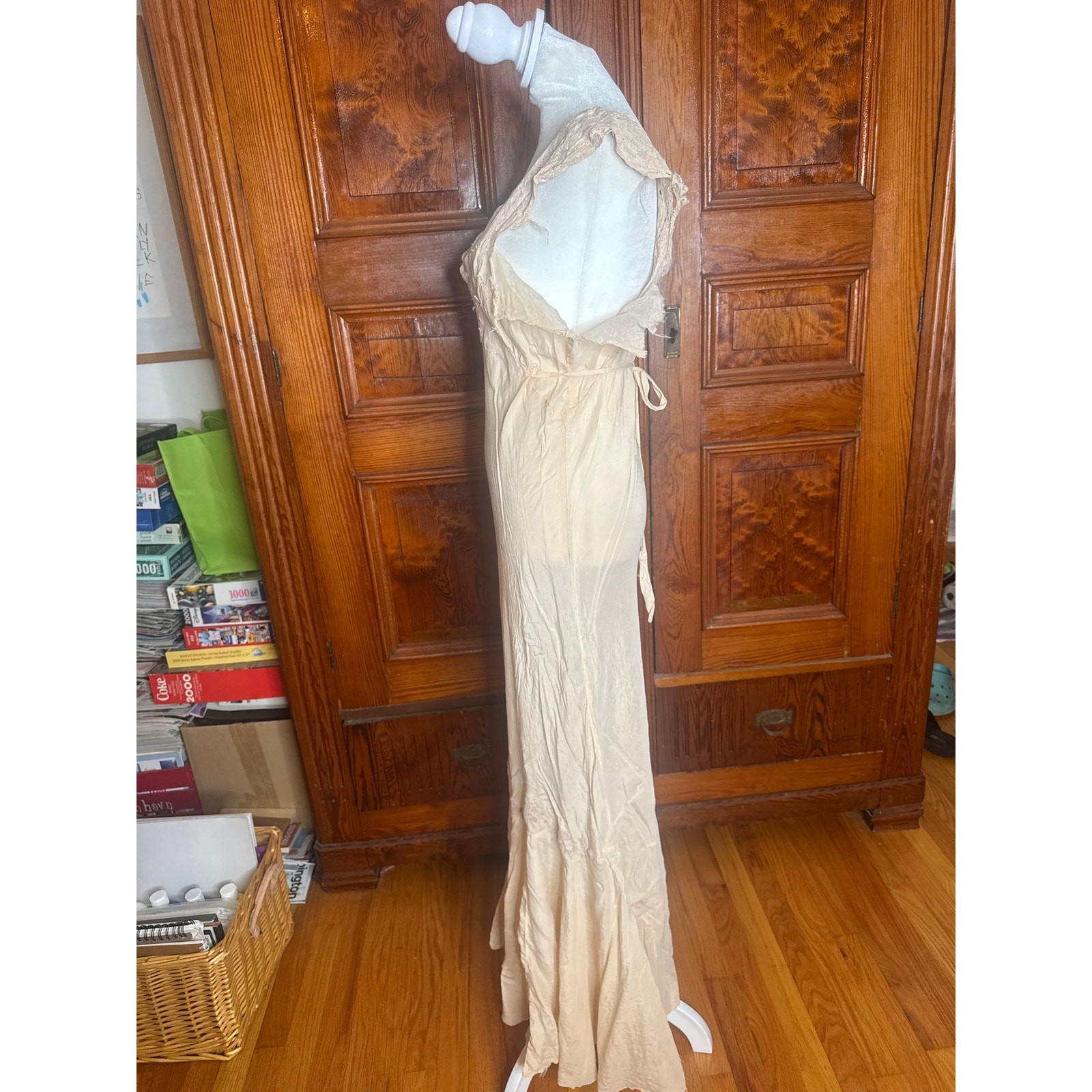 VTG 30s Beige Silk Lace Liquid Bias Cut Maxi Slip Dress Nightgown L As Is