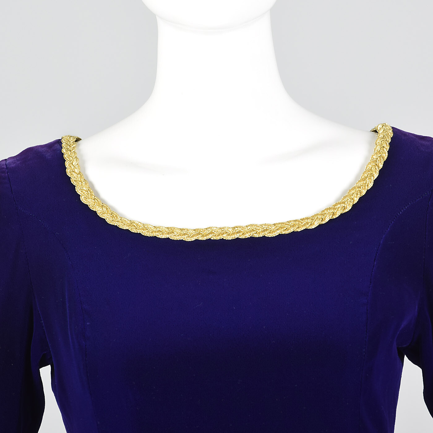 XS 1970s Purple Velvet Maxi Dress Gold Trim Long Evening Dress Holiday Party 70s