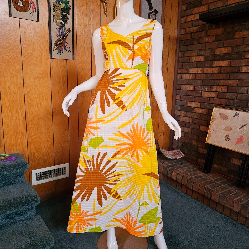 Vtg 60s 70s Mod Hawaiian Tori Richard Luau Pop Art Floral Resort Maxi Dress XS/S