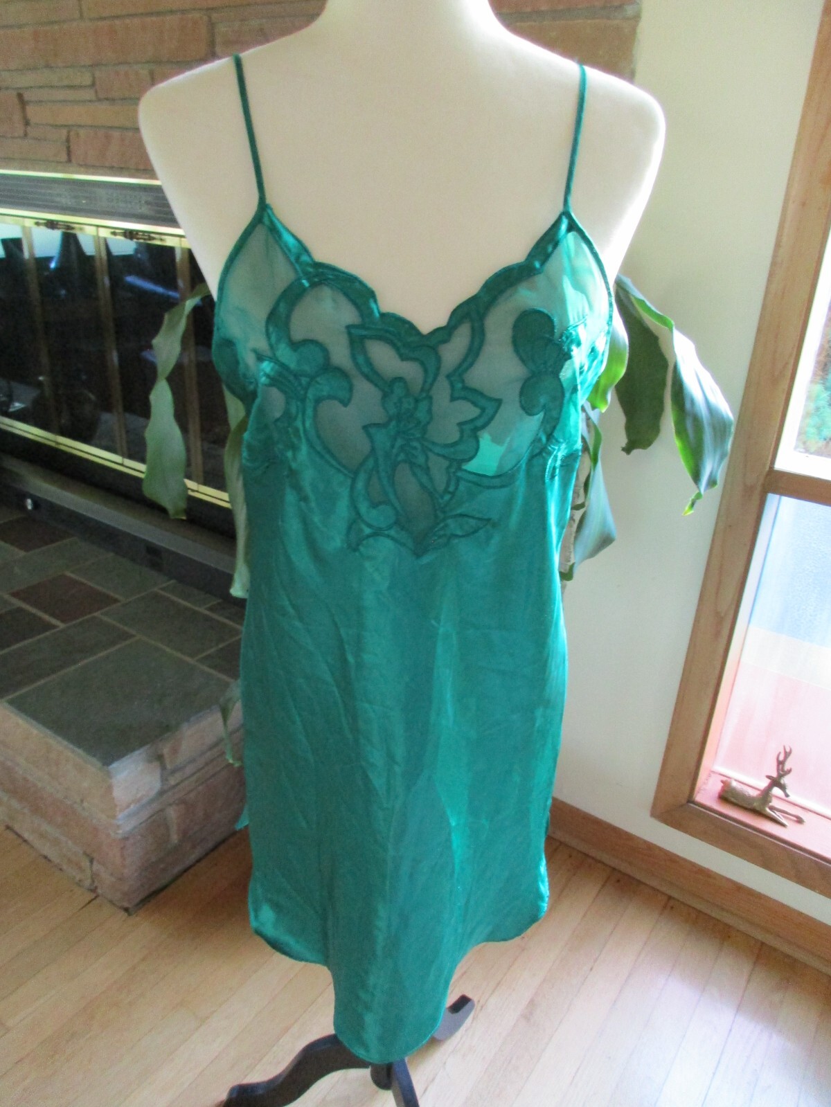 Vintage Victoria Secret Gold Label Cami Nightgown Green Satin Lingerie Medium