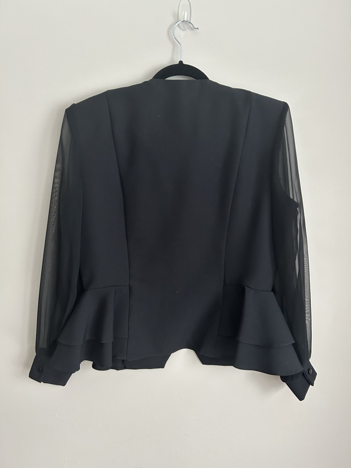 Vintage 90s Black Peplum Blazer Sheer Sleeve Minimalist Jacket
