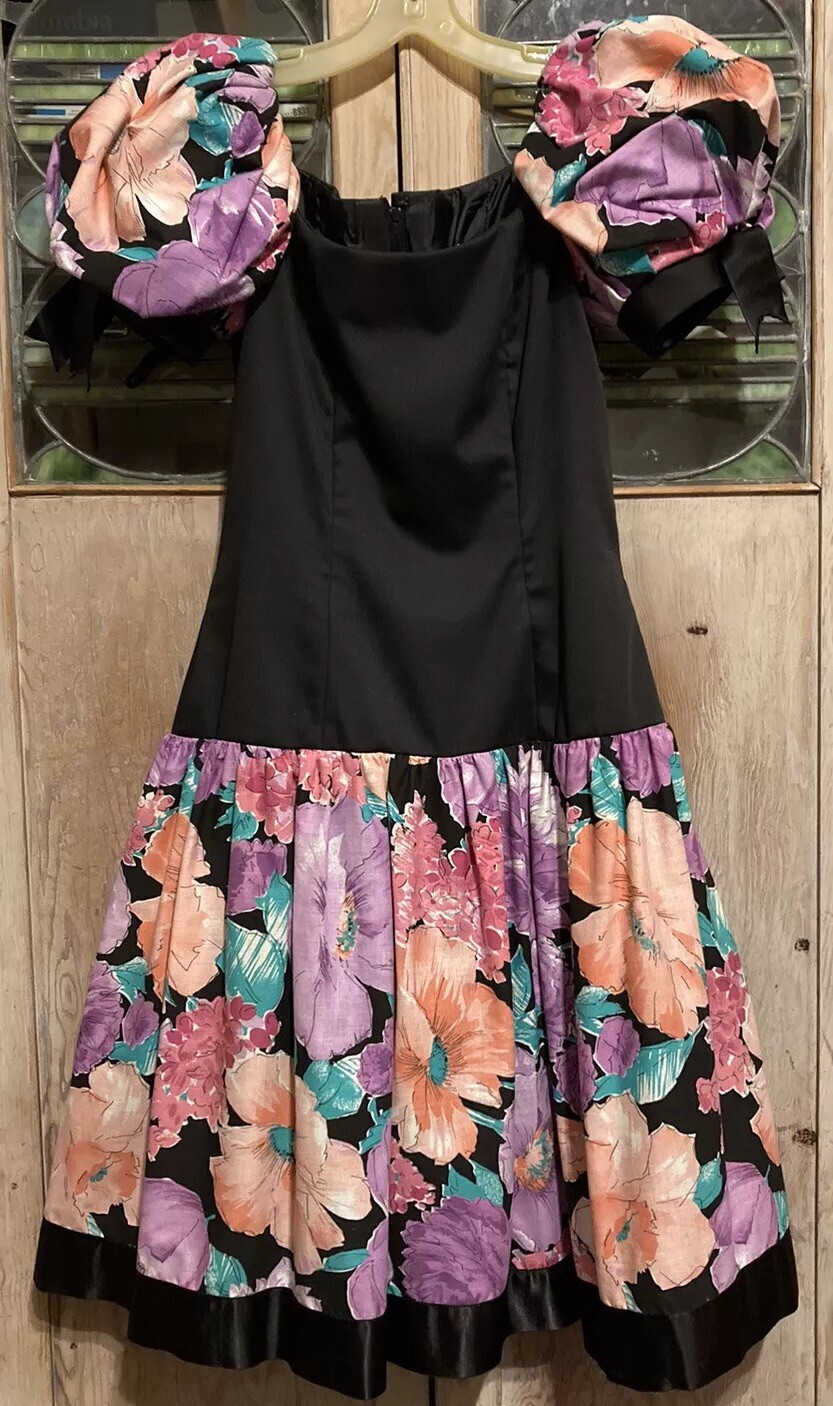 80s VTG Prom Drop Waist Dress Victor Costa Floral Bubble Skirt Bold Shoulder EUC