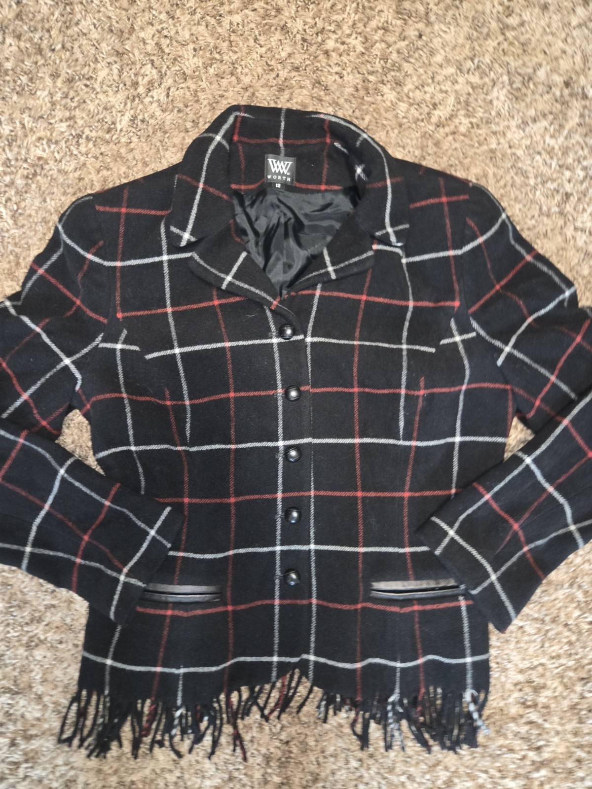 Woman’s 80% Wool Jacket Plaid Fringe Whimsygoth Size 12 USA Made Button Up Worth
