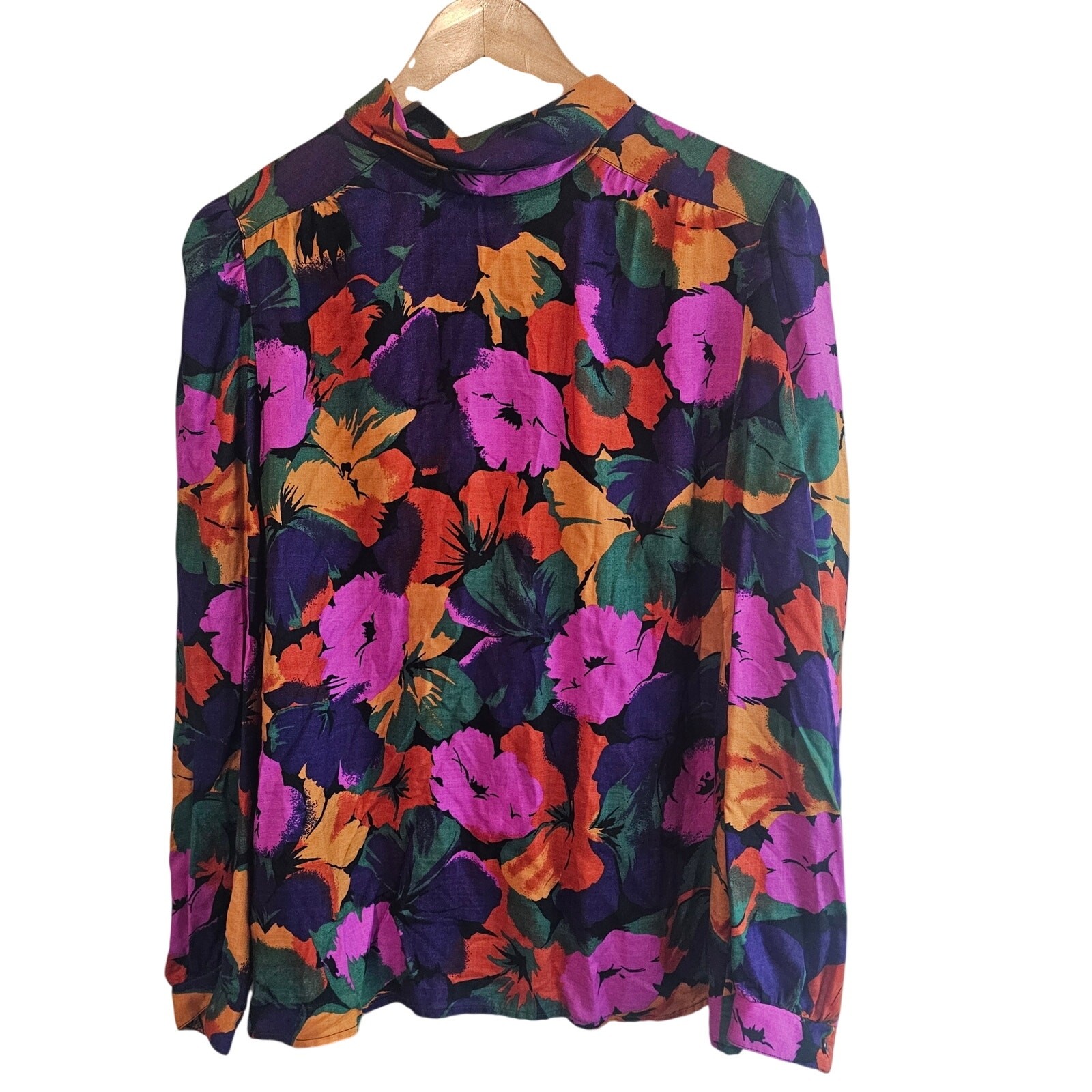 Vintage 80s Floral Blouse Women Large Purple Glam Career Mock Neck Boho Retro