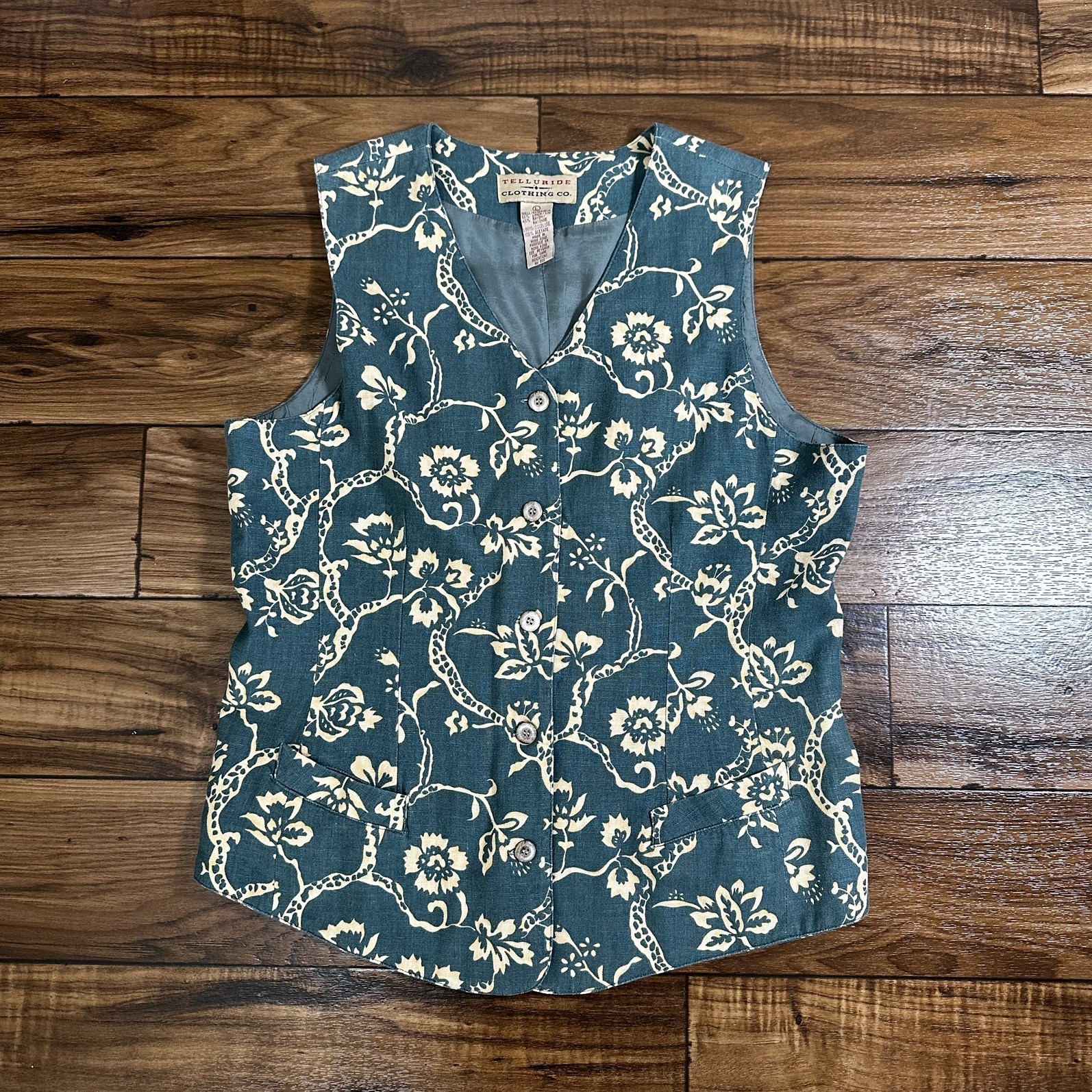 Vintage Telluride Clothing Co. Vest Floral Green White Linen Layer Western L