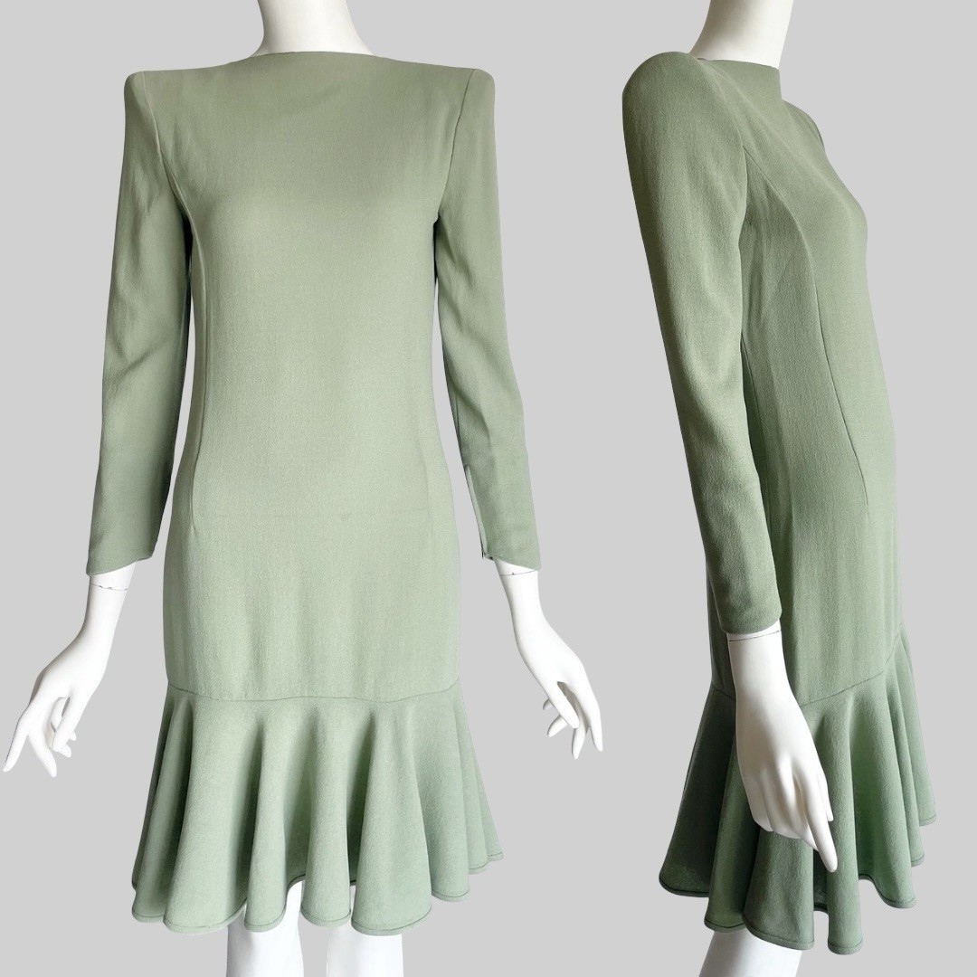 Vintage 1980s/1990s Valentino Sage Green Wool Drop Waist Square Shoulder Dress