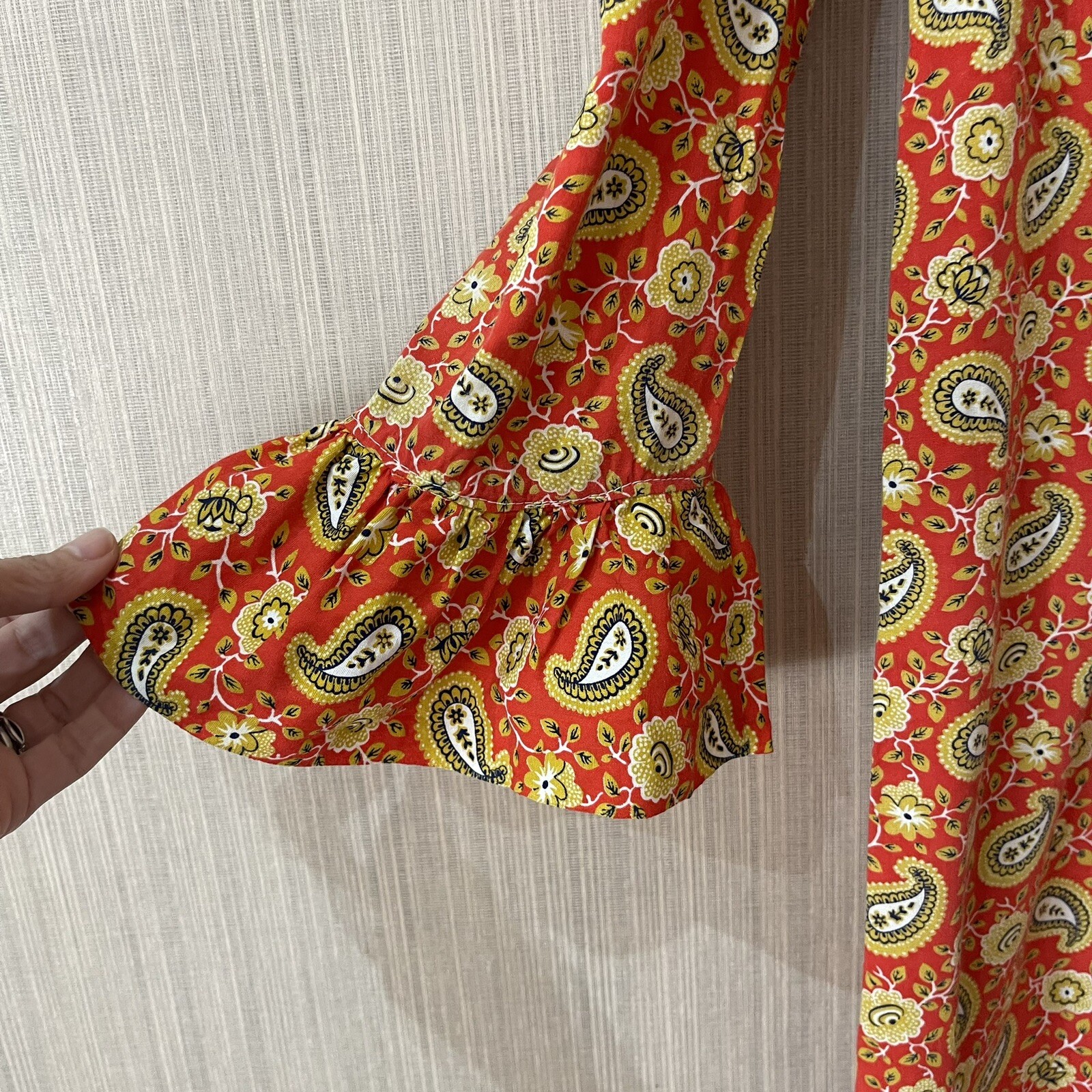 VTG 1970s Handmade Maxi Sheath Dress Orange Paisley Lace Trim Theater Sz S