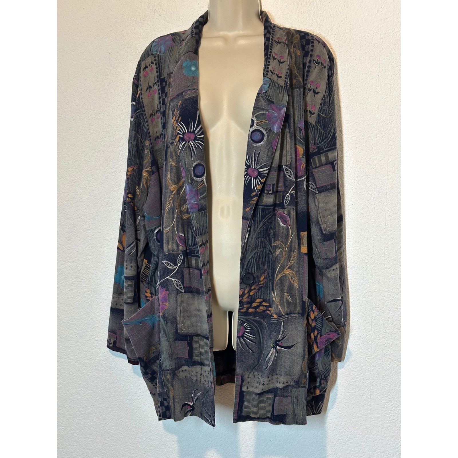 Kensington Square Vintage Floral Patchwork Blazer Purple Multi Artsy Pockets USA