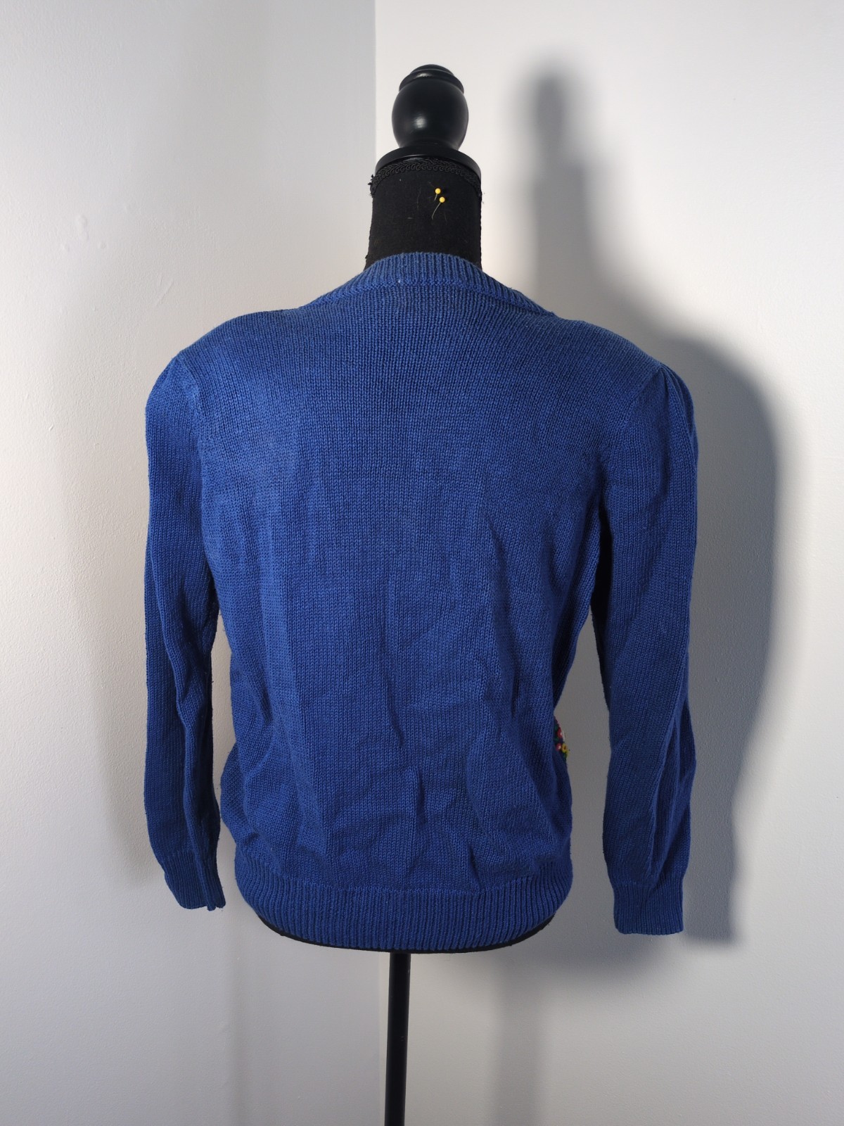 Vintage Margules Knit Cardigan Blue With Floral Embroidery, White Bears Women M