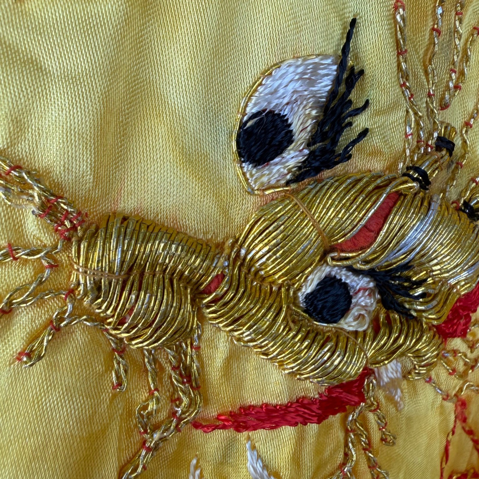 Vintage Yellow Kimono Robe Dragon Gold Metallic Embroidery Long Duster Belt