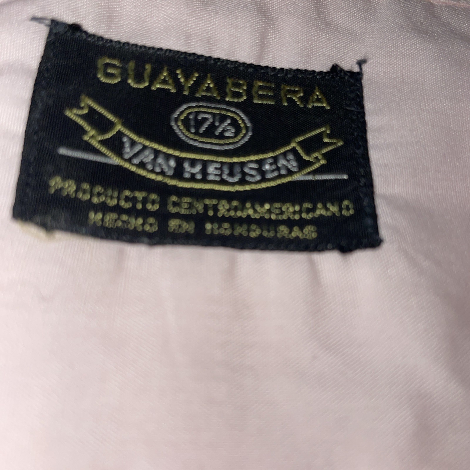Vtg ’80s Van Heusen Pink Guayabera Embroidered Cuban Button Shirt Sz 17 1/5