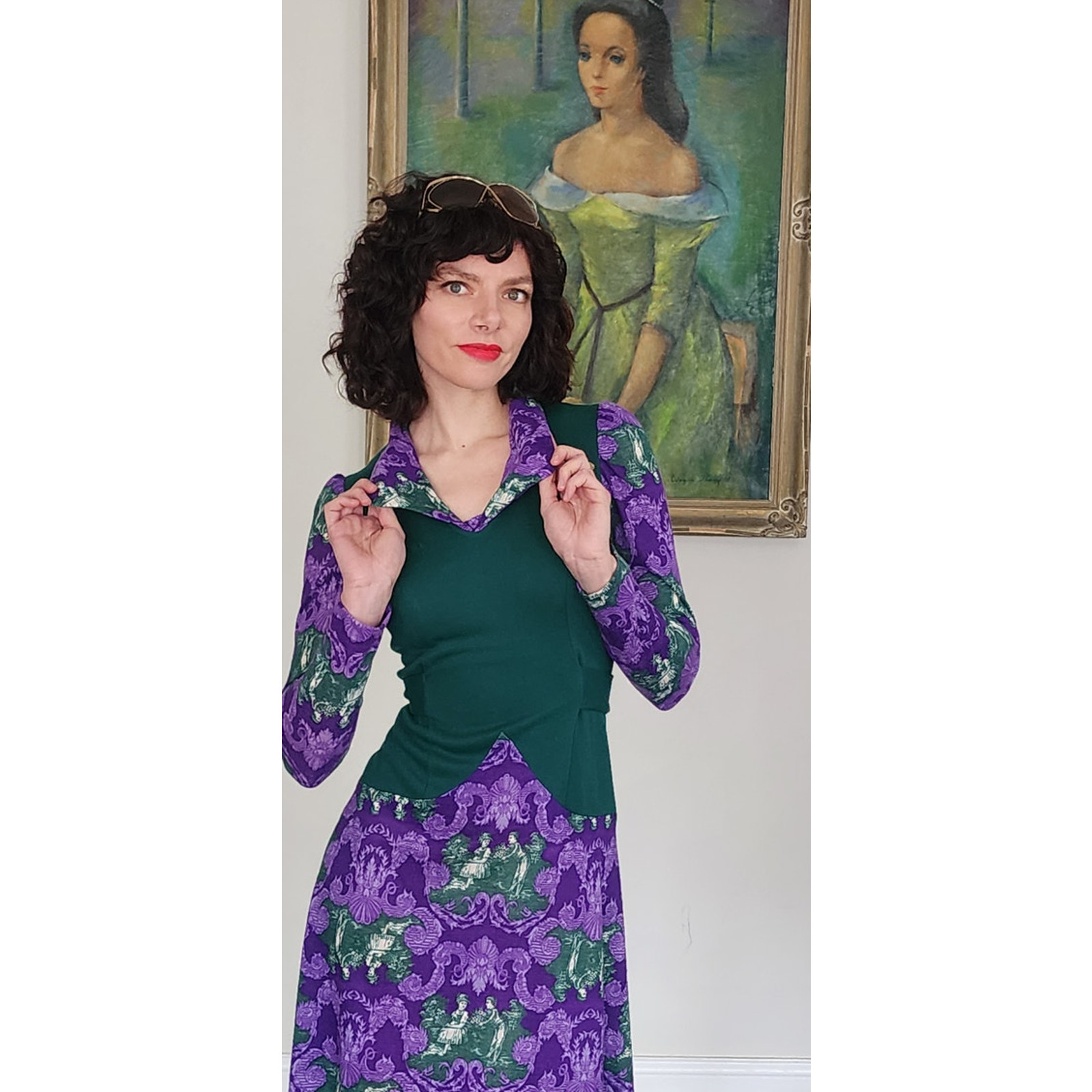 Vintage 70s Maxi Dress Purple & Green French Toile Print Baroque Rococo