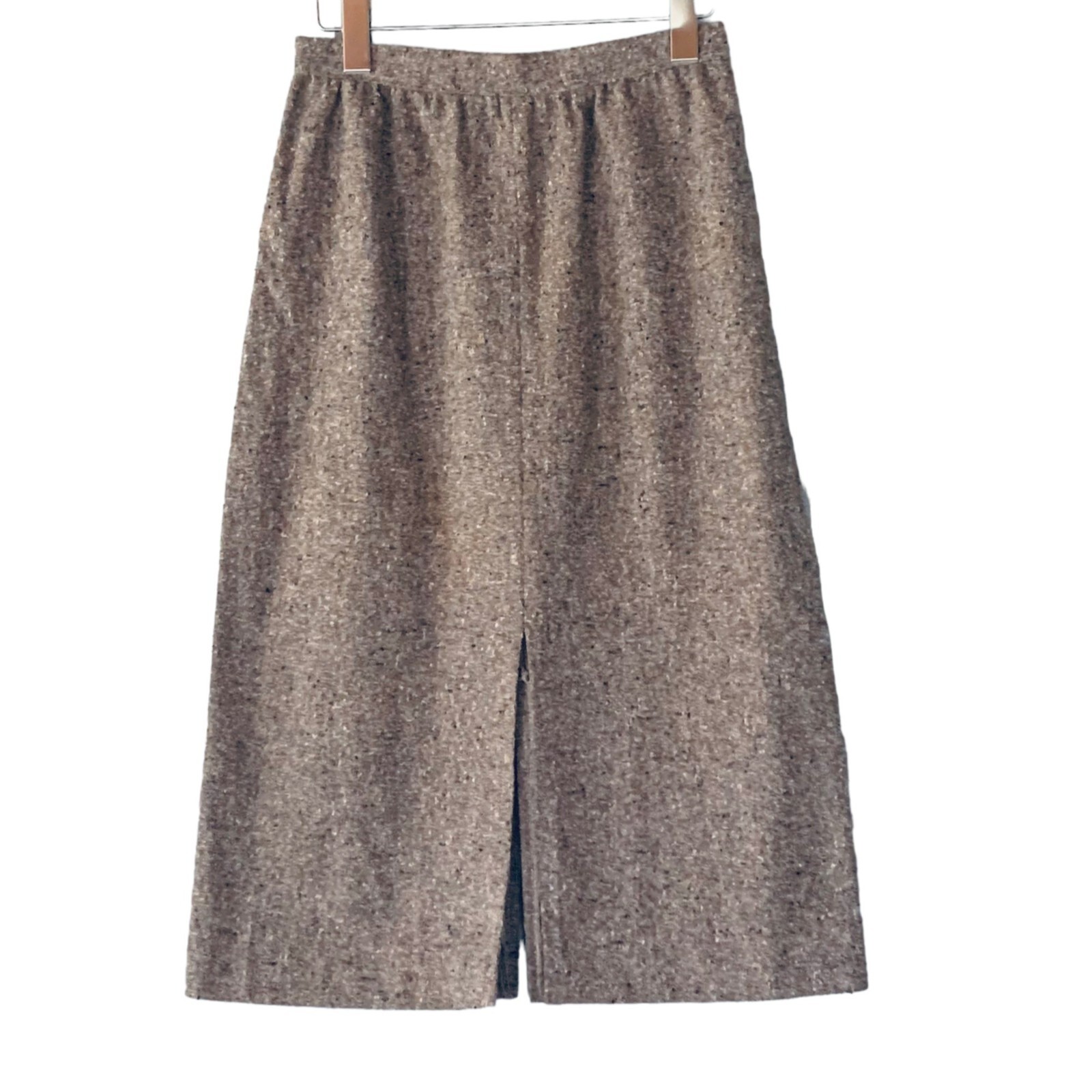 Vintage 70s Tweed Midi Skirt Wool Sz 9 Tan Grey Nubby Woven Academia Double Slit