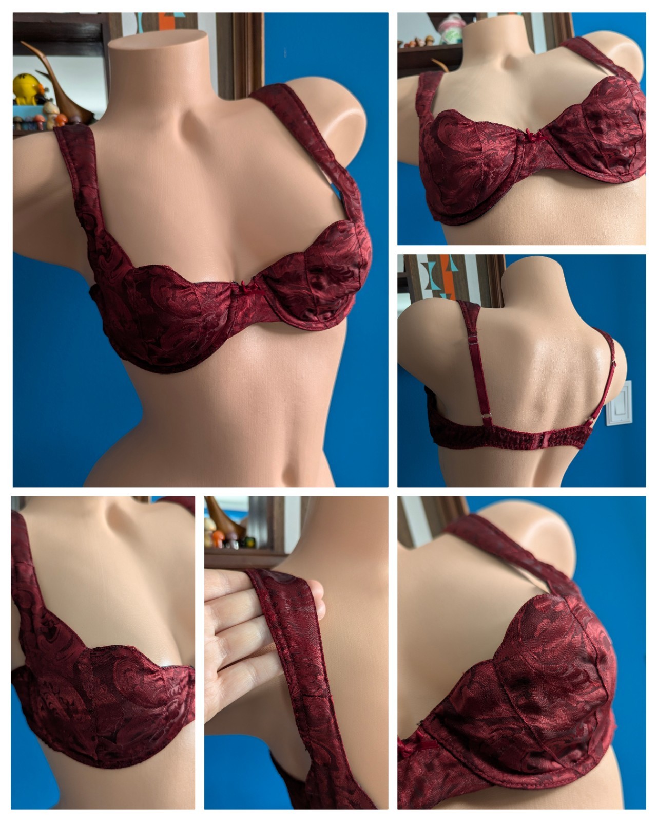 Vtg 1990s Second Skin Scalloped Bra 34B Wine Burgundy Vintage Floral Brocade