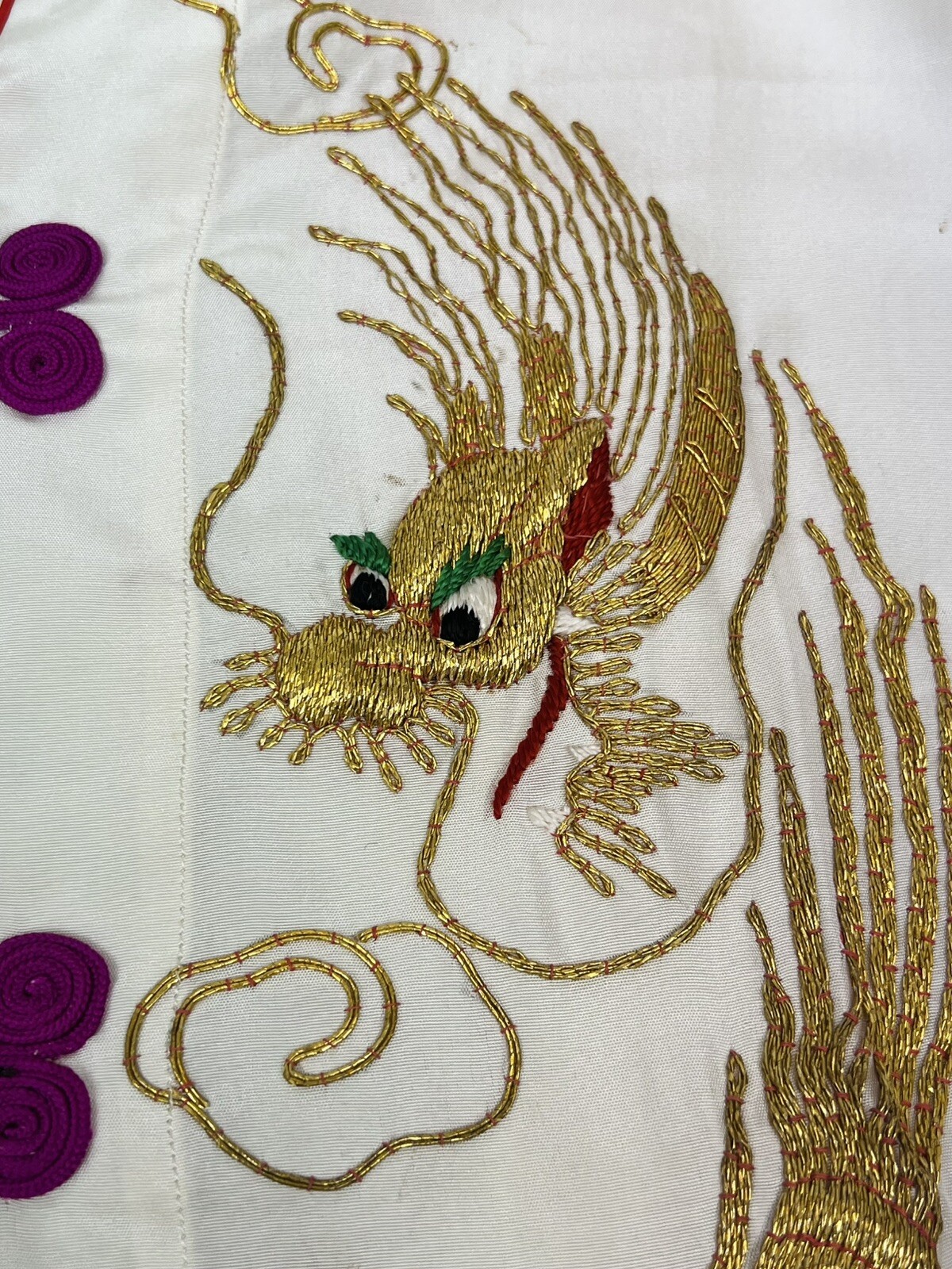 1940s Vintage Asian Japanese White gold Embroidered Dragon Pajama pant top set