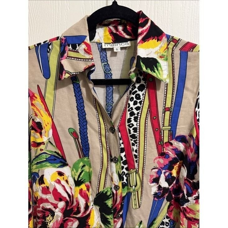 Vintage Mischa Vibrant Floral Button Down Tunic Long Sleeve Blouse Women’s Small