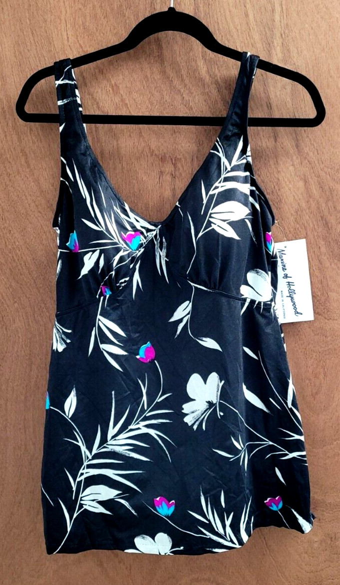 Vintage NOS w/Tags Maxine Of Hollywood Black Floral Swimdress Sz 40 Large